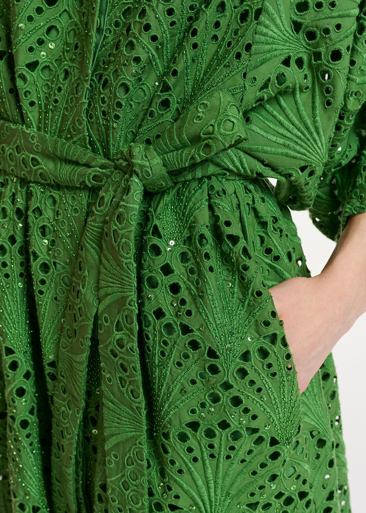Robe midi vert foncé en broderie anglaise de coton RE—SSENTIEL | Essentiel second hand