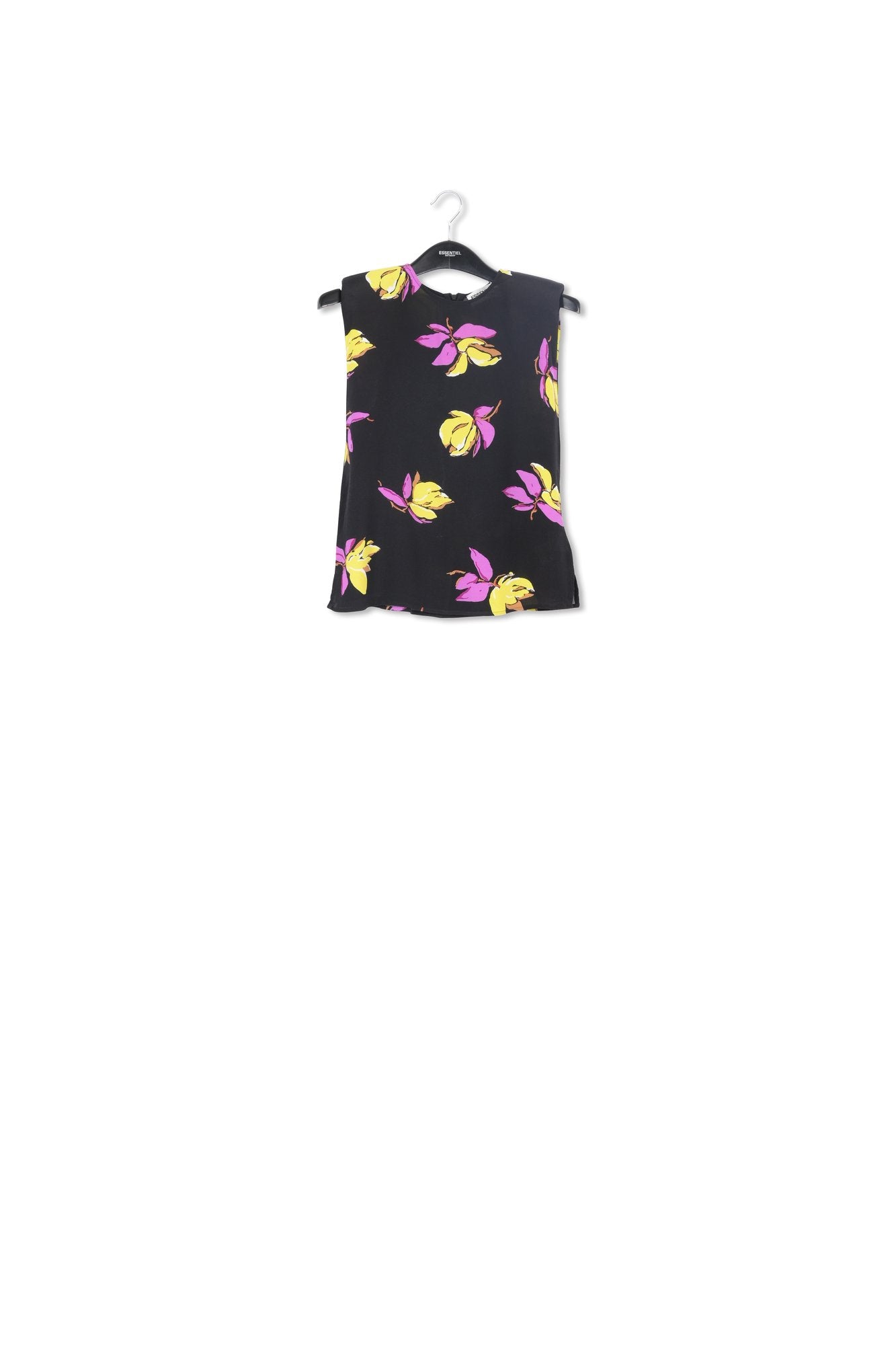 Black floral-print sleeveless top with padded shoulders RE—SSENTIEL | Essentiel second hand