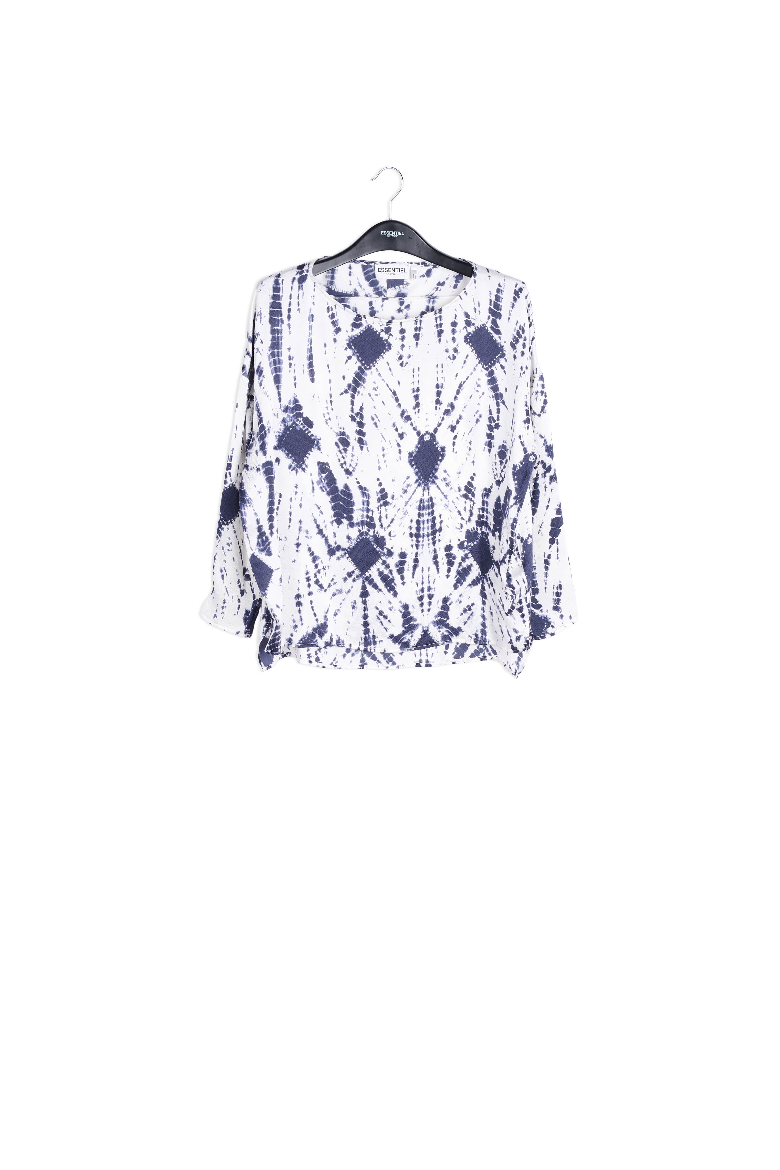 Gebroken witte en donkerblauwe tie-dyed zijden top RE—SSENTIEL | Essentiel second hand