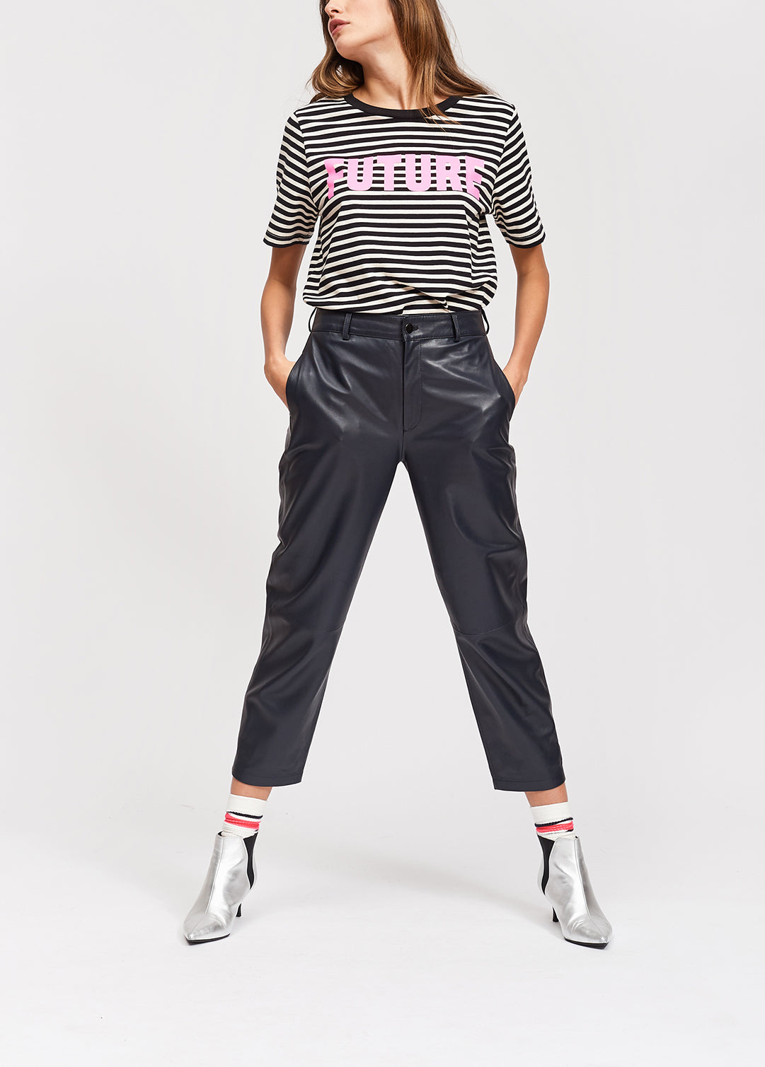 Black and white striped t-shirt with future print RE—SSENTIEL | Essentiel second hand