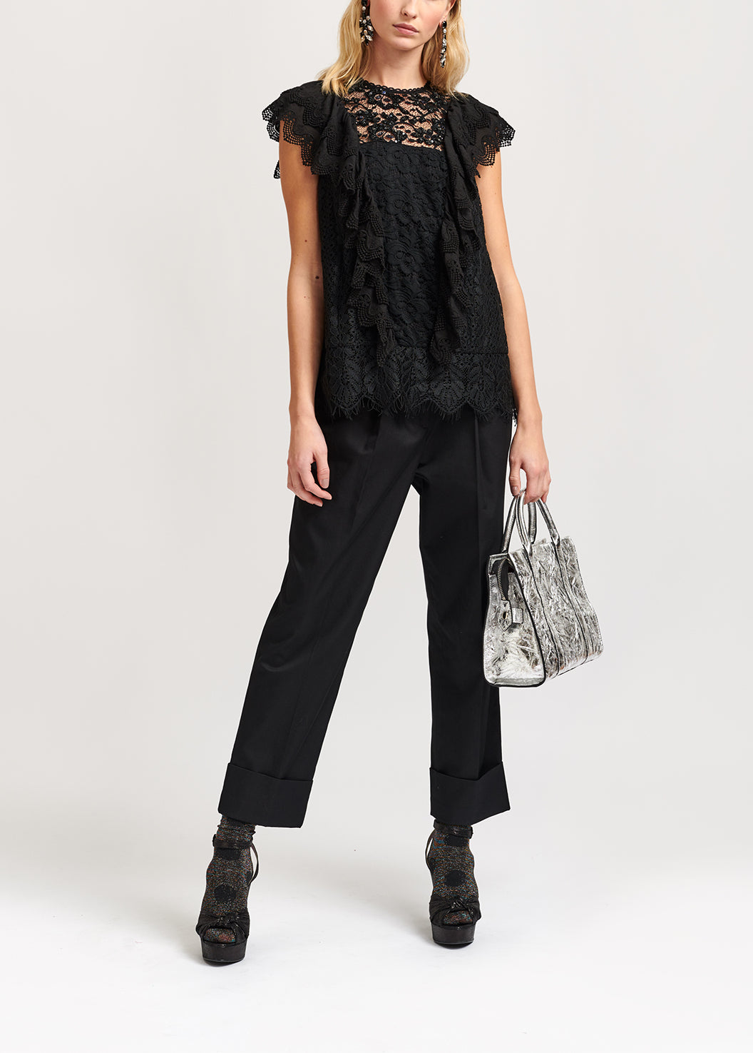 Black ruffled lace top with sequins RE—SSENTIEL | Essentiel second hand