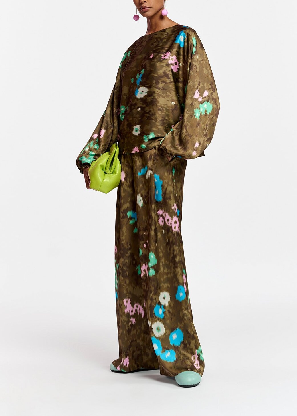 Khaki batwing-sleeve top with floral print RE—SSENTIEL | Essentiel second hand