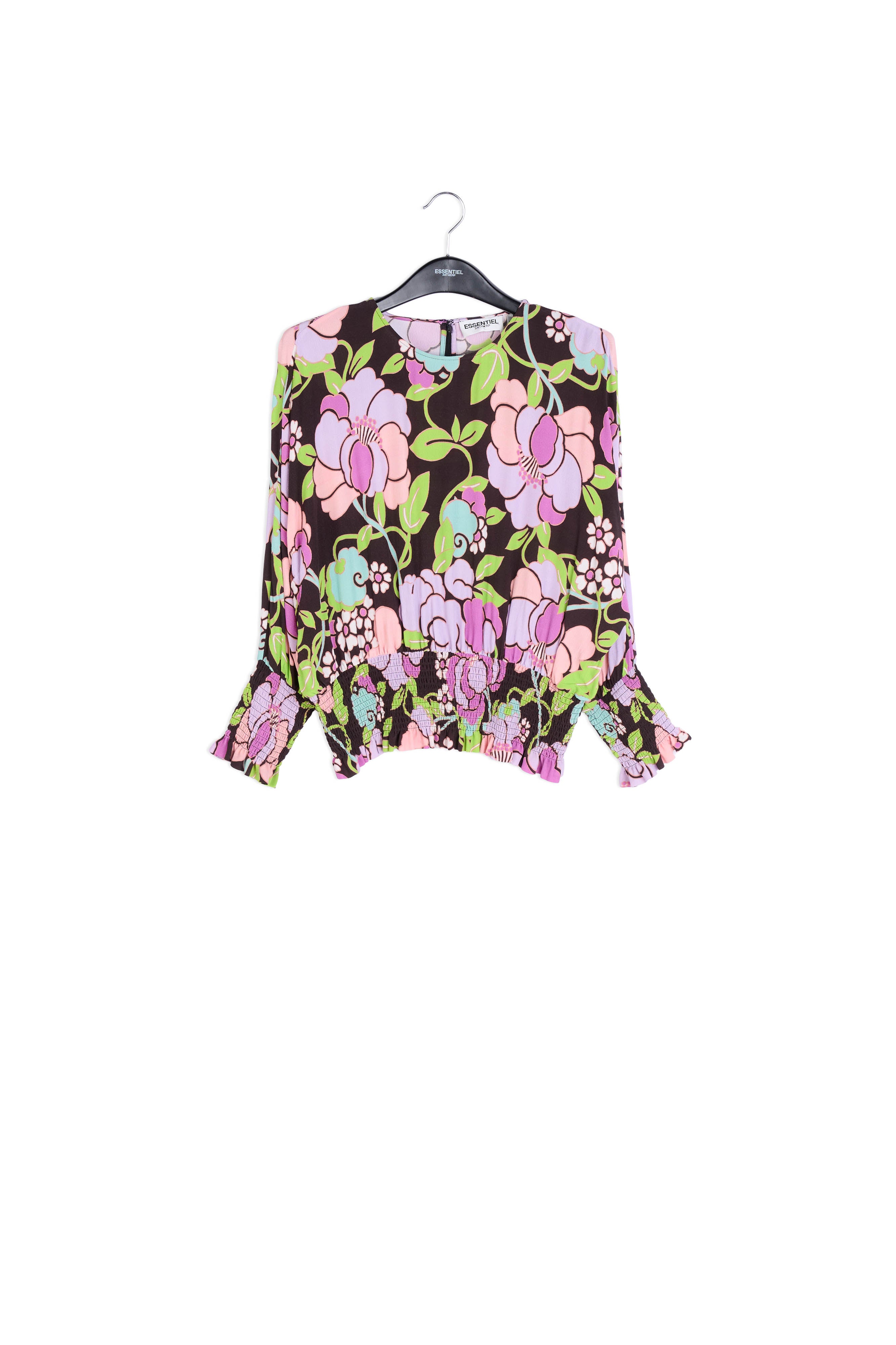 Zwarte gesmokte top met bloemenprint RE—SSENTIEL | Essentiel second hand