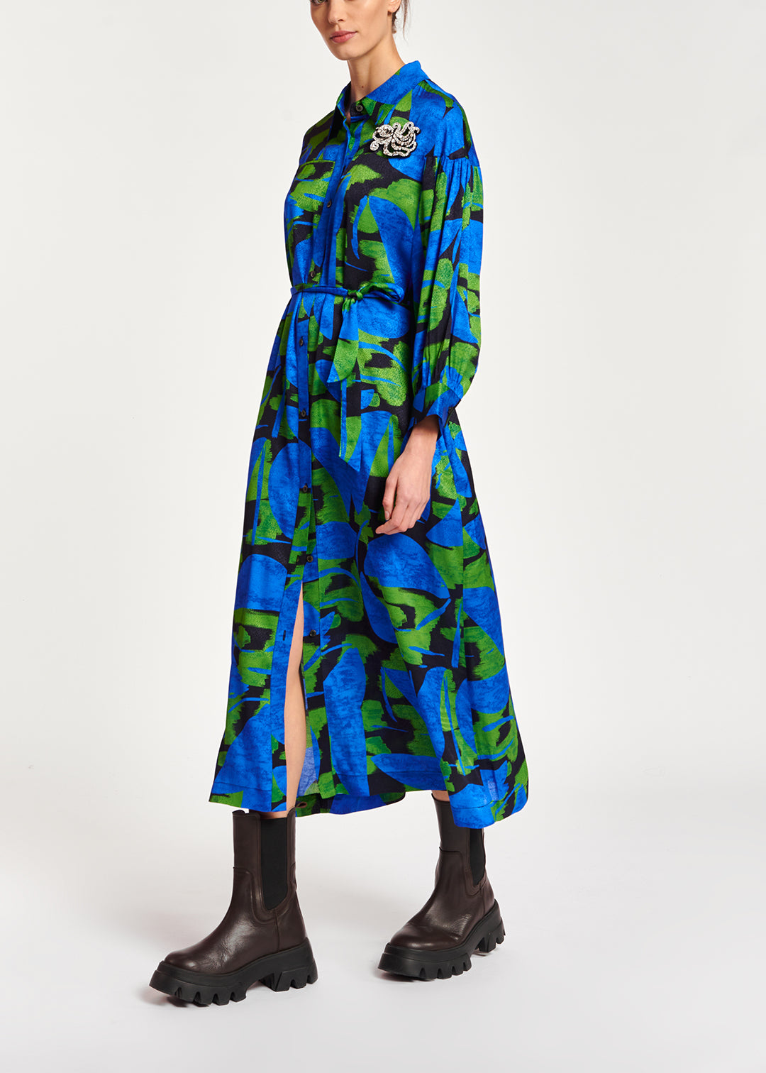 Blue, black and green abstract print midi dress RE—SSENTIEL | Essentiel second hand