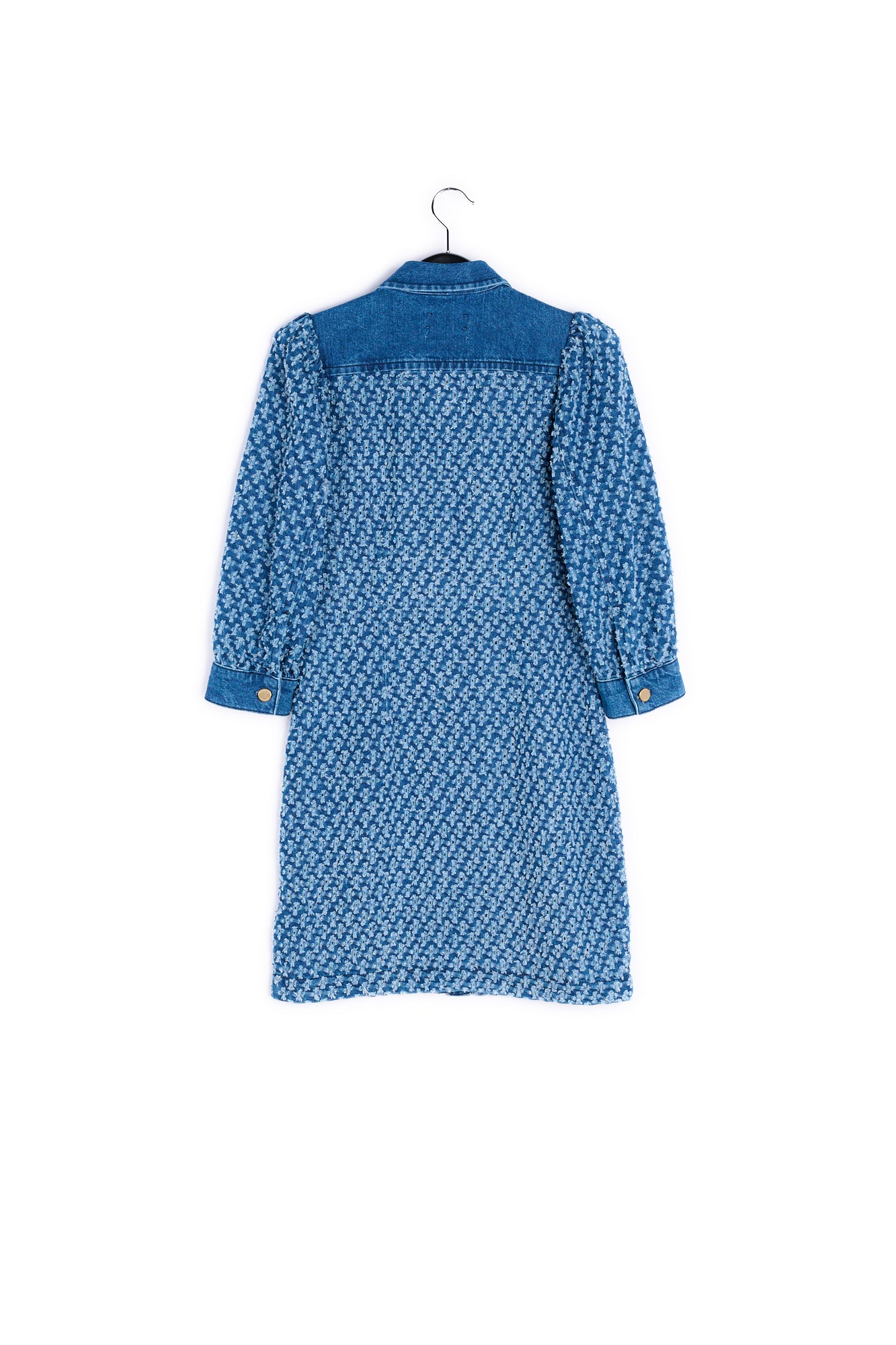 Dark blue perforated denim puffed sleeves mini dress RE—SSENTIEL | Essentiel second hand