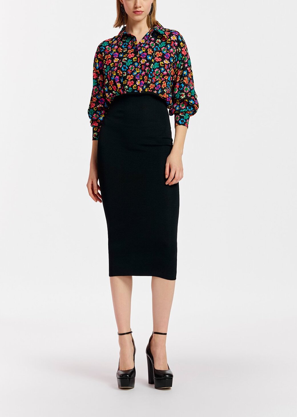 Black floral-print and rib-knitted midi dress RE—SSENTIEL | Essentiel second hand