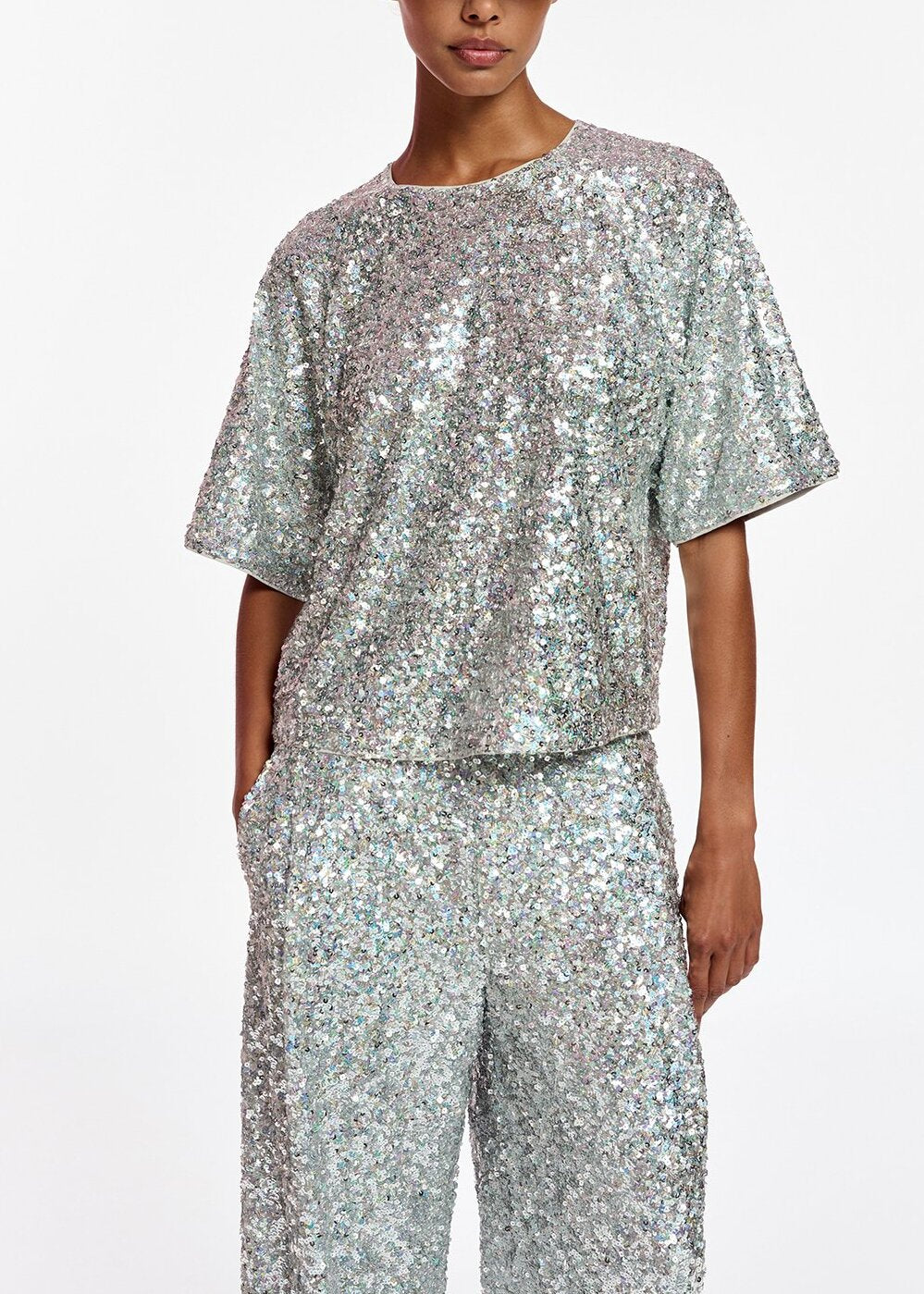 Silver sequin-embellished short-sleeved top RE—SSENTIEL | Essentiel second hand
