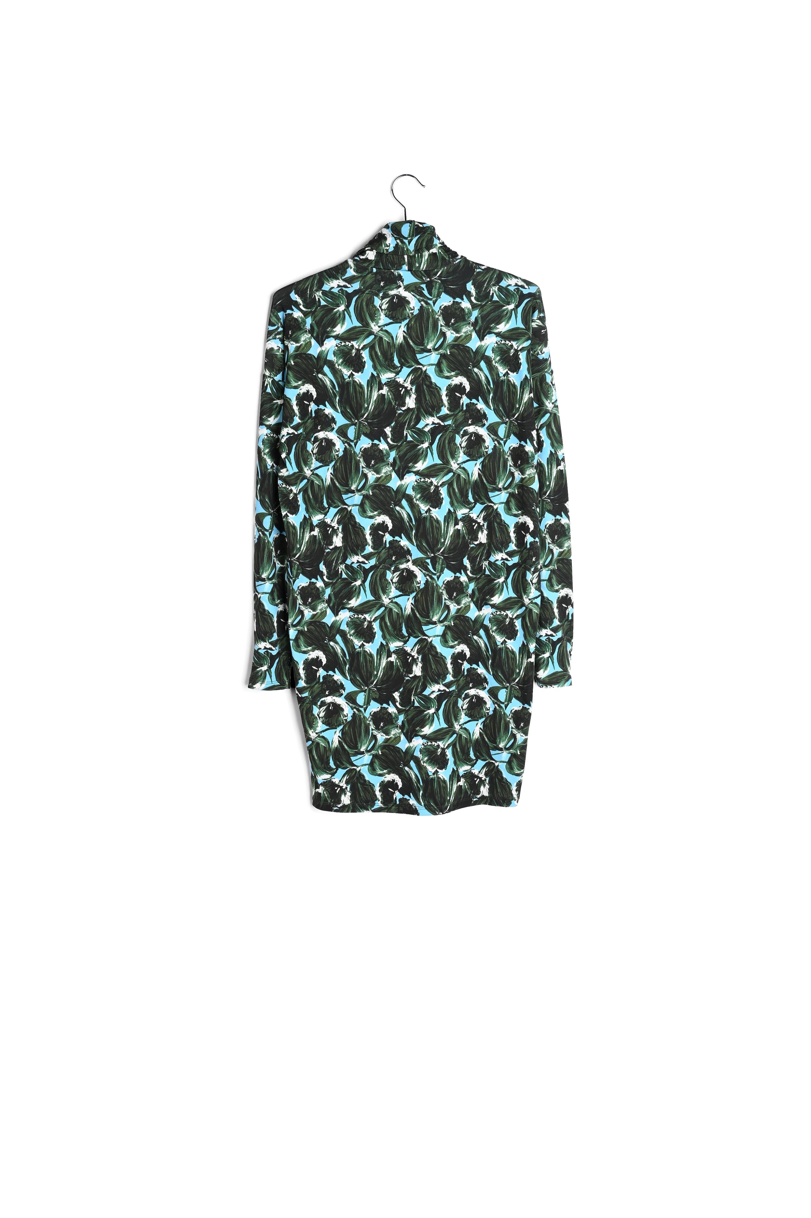 Mini-jurk met rolkraag in blauwe en groene bladerprint RE—SSENTIEL | Essentiel second hand