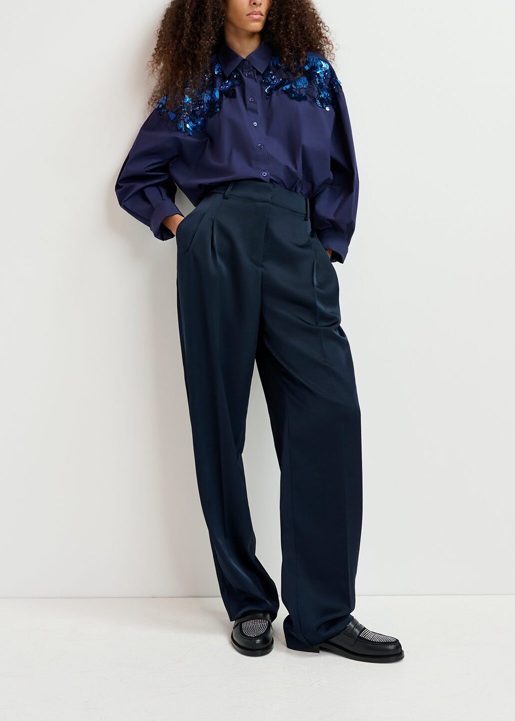 Navy blue cotton shirt with sequin and beaded embroideries RE—SSENTIEL | Essentiel second hand