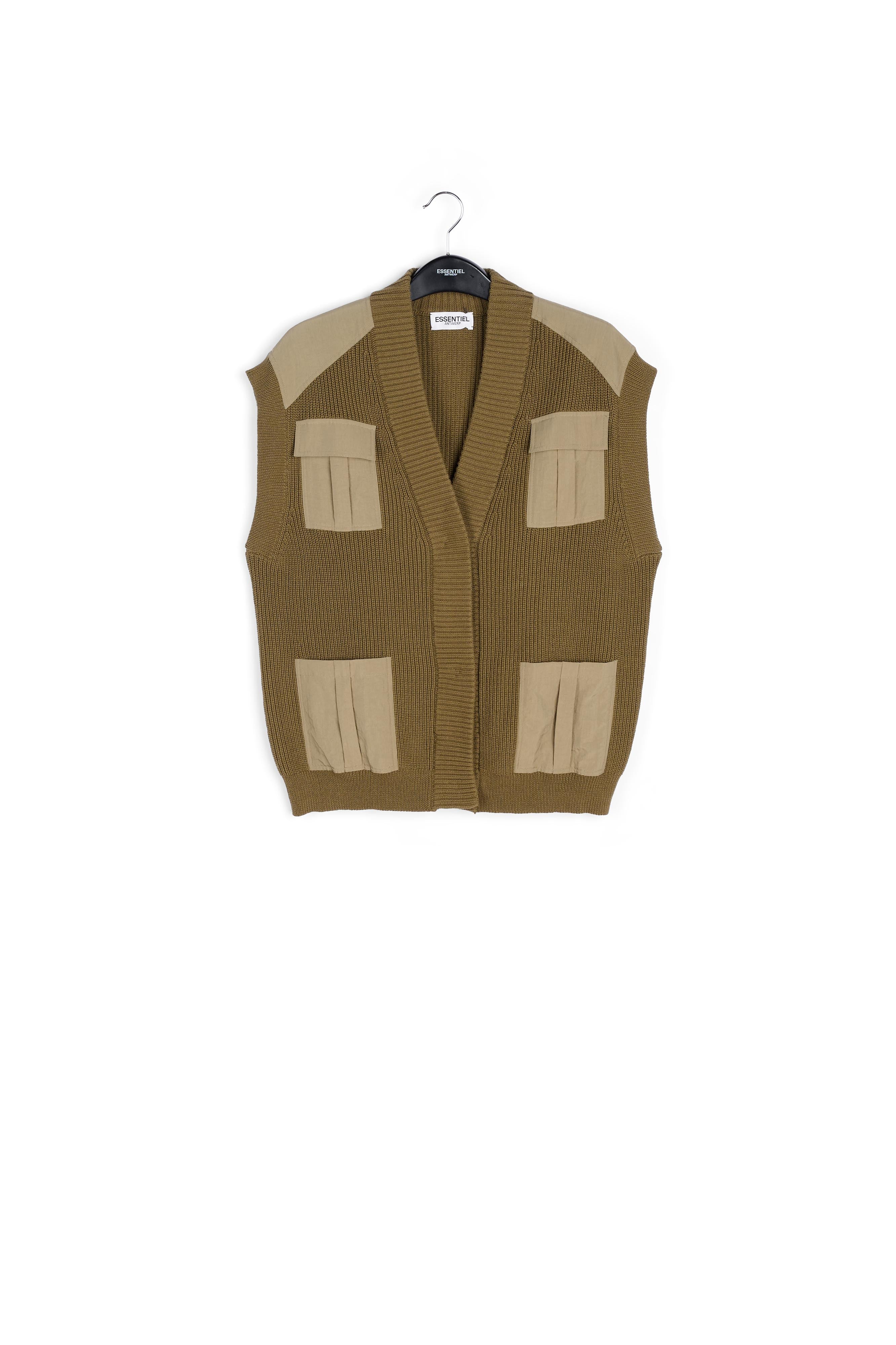 Khaki sleeveless utility-inspired cardigan RE—SSENTIEL | Essentiel second hand