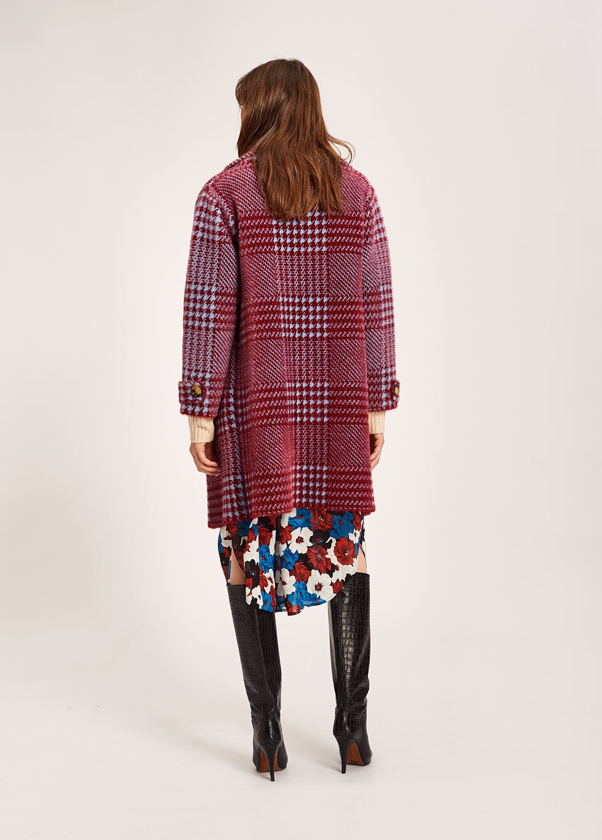 Cardigan croisé à imprimé bordeaux et bleu clair RE—SSENTIEL | Essentiel second hand