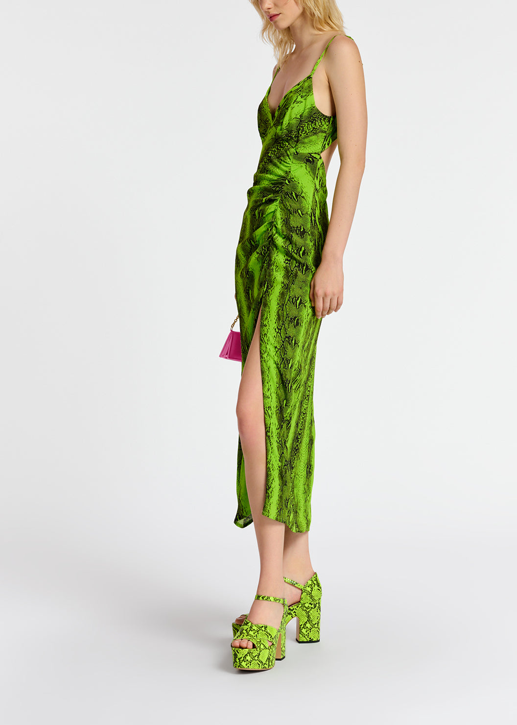 Lime green midi-length slip dress with snake print RE—SSENTIEL | Essentiel second hand