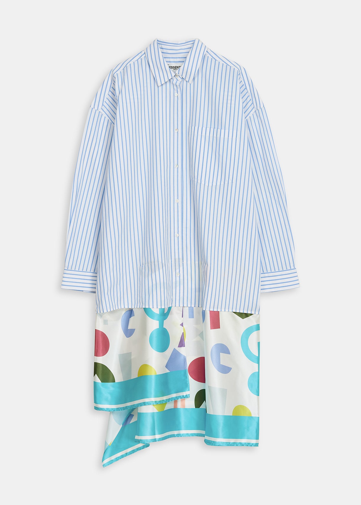 Robe chemise à rayures blanches et bleues avec jupe à imprimé abstrait RE—SSENTIEL | Essentiel second hand