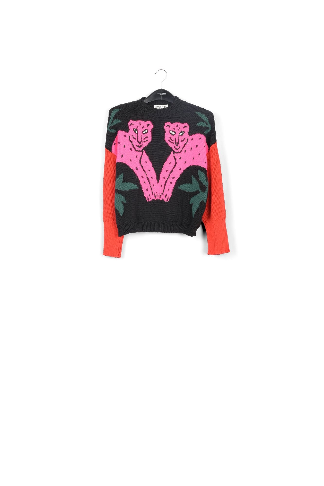 Pull en maille intarsia guépard noir, rose et rouge RE—SSENTIEL | Essentiel second hand