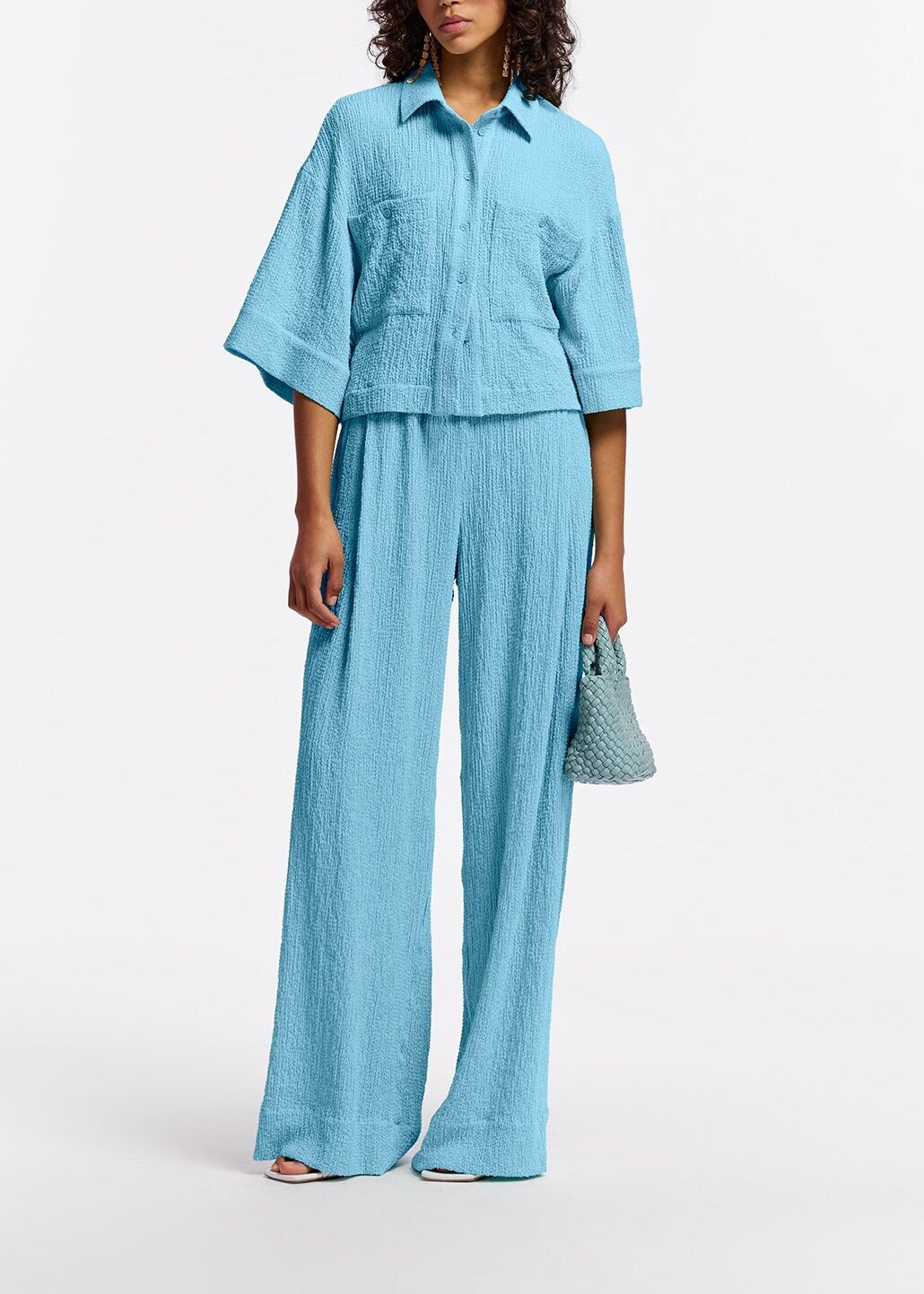 Light blue wide-leg seersucker pants RE—SSENTIEL | Essentiel second hand