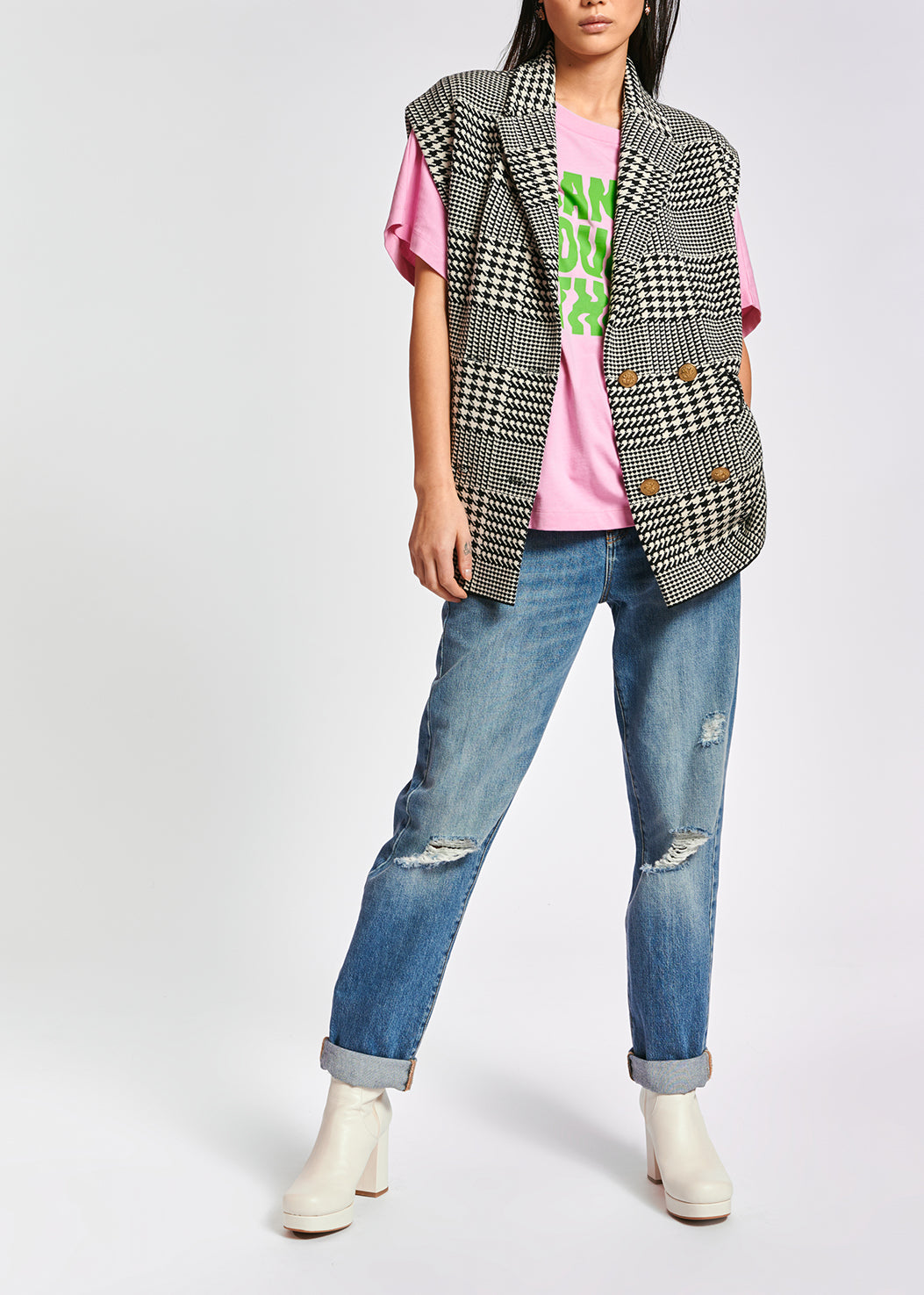 Sleeveless offf-white and black check cardigan RE—SSENTIEL | Essentiel second hand