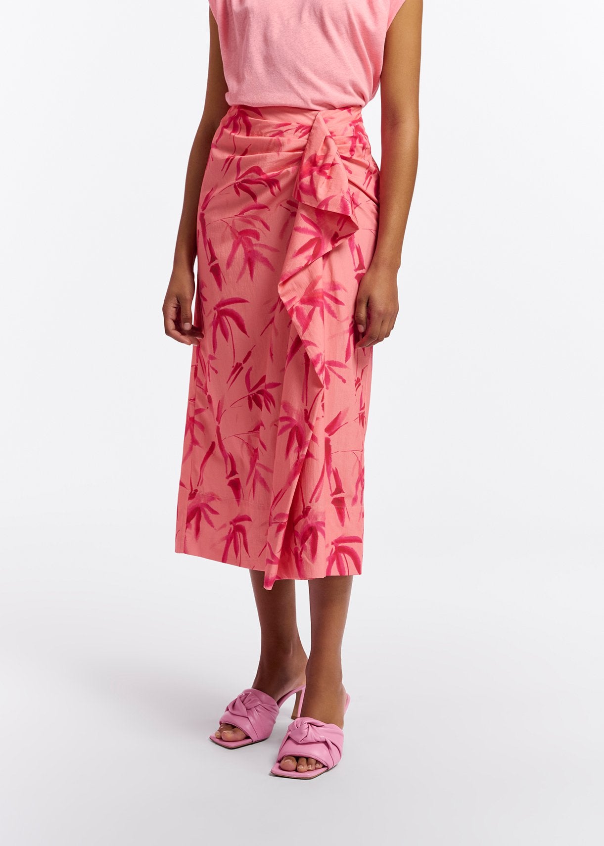 Peach cotton draped midi skirt with palm leaf print RE—SSENTIEL | Essentiel second hand