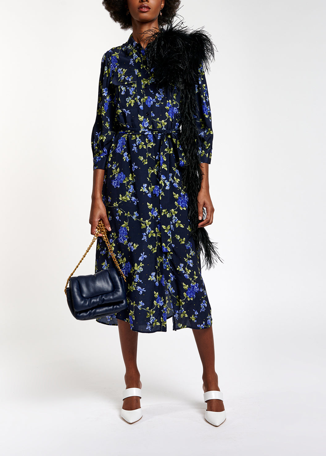 Dark blue floral print shirt dress RE—SSENTIEL | Essentiel second hand