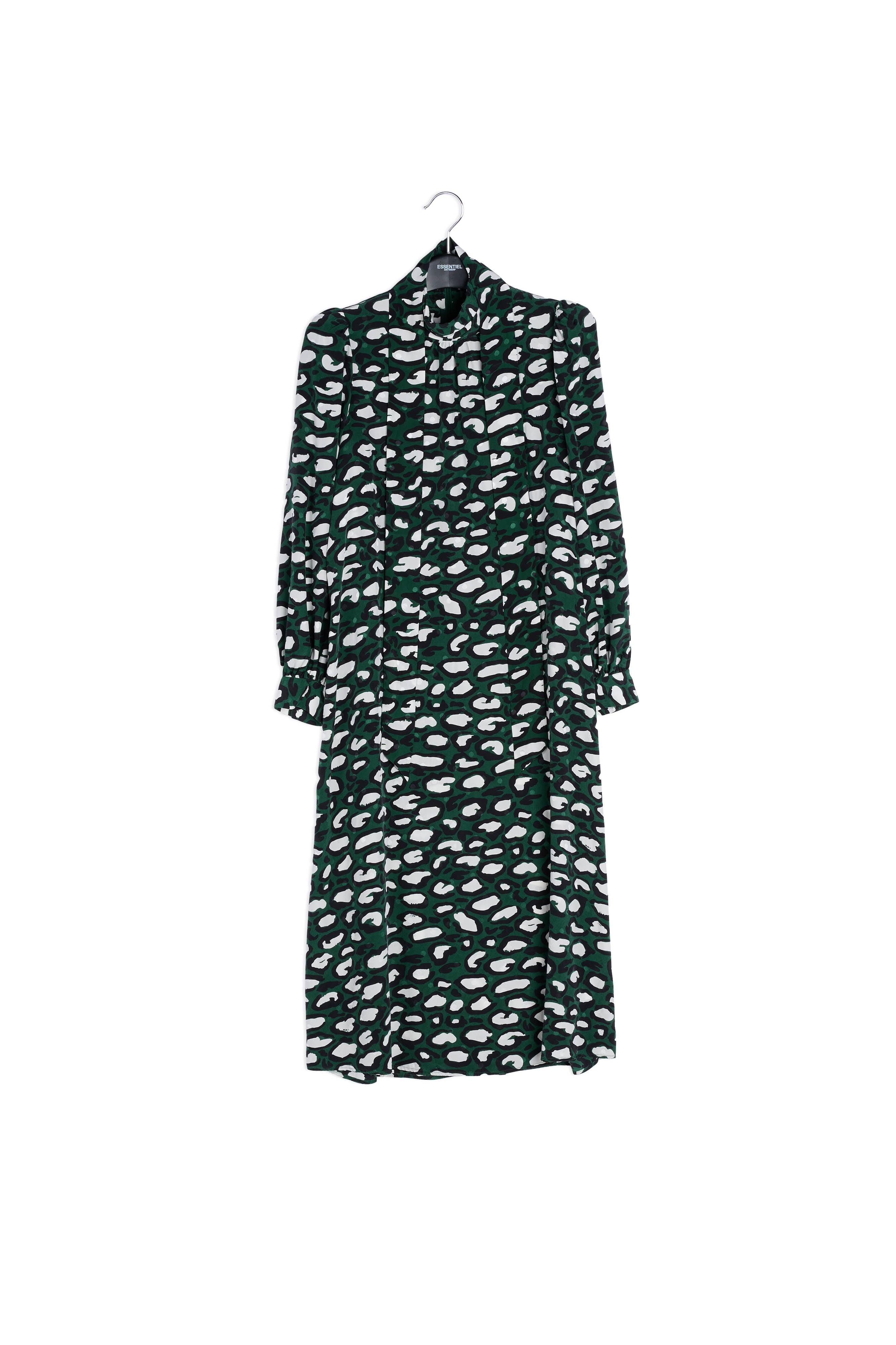 Flesgroene zijden midi-jurk met opstaande kraag en luipaardprint RE—SSENTIEL | Essentiel second hand