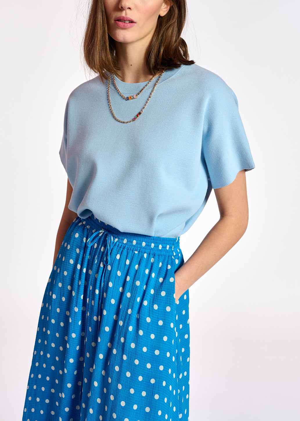 Jupe midi bleue à  pois blancs RE—SSENTIEL | Essentiel second hand