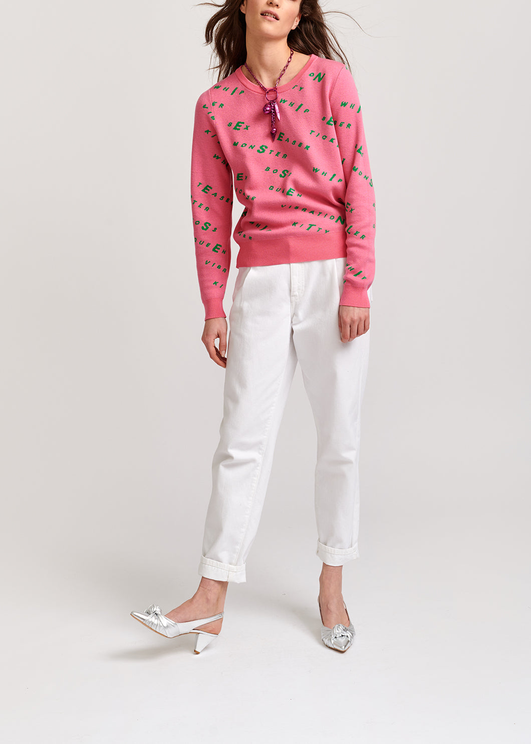 Light pink knitted sweater with dark green print RE—SSENTIEL | Essentiel second hand