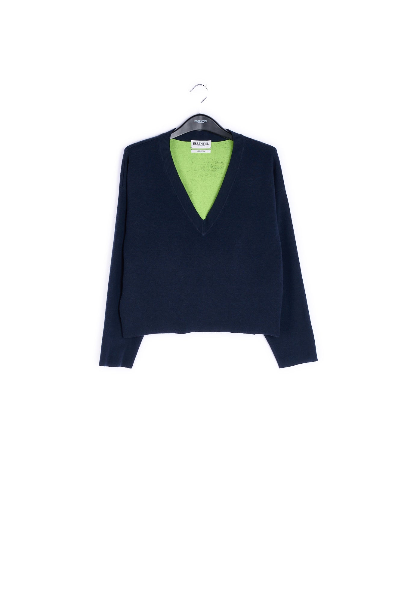 Dark blue v-neck sweater with yellow contrast RE—SSENTIEL | Essentiel second hand