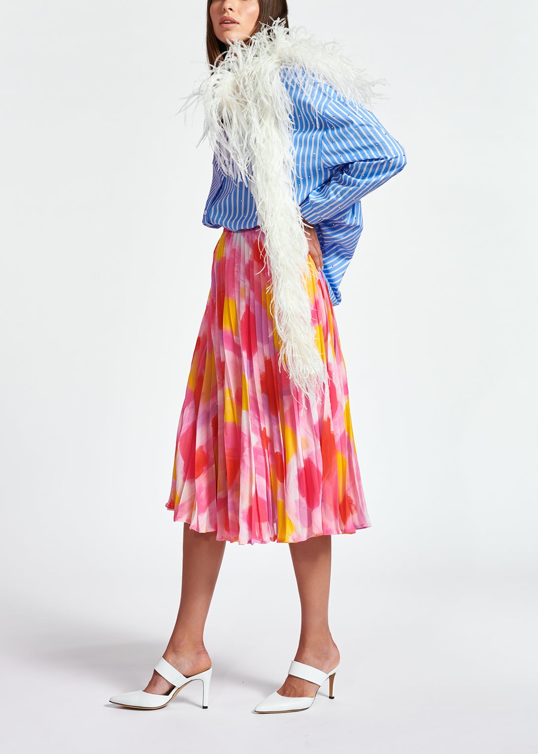 Pink and yellow plissé midi skirt RE—SSENTIEL | Essentiel second hand