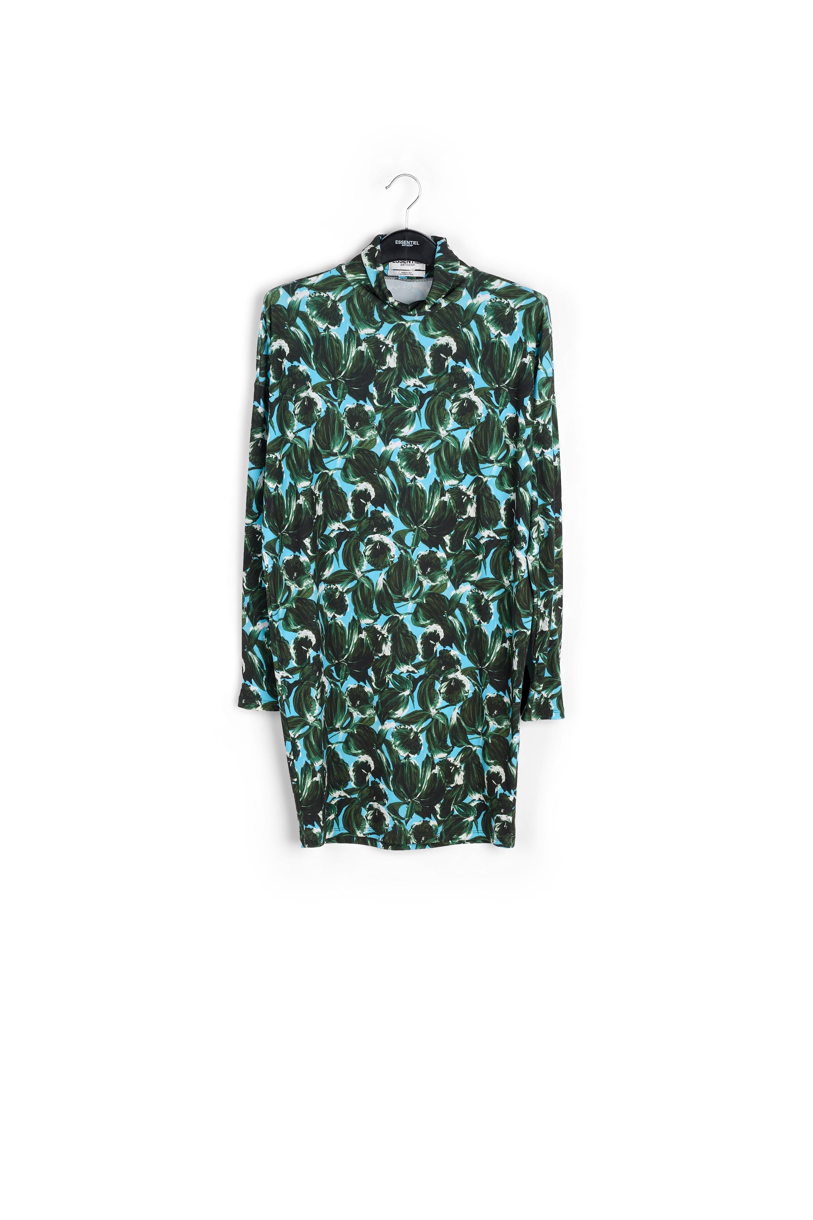 Blue and dark green leaf-printed mini dress with turtleneck RE—SSENTIEL | Essentiel second hand