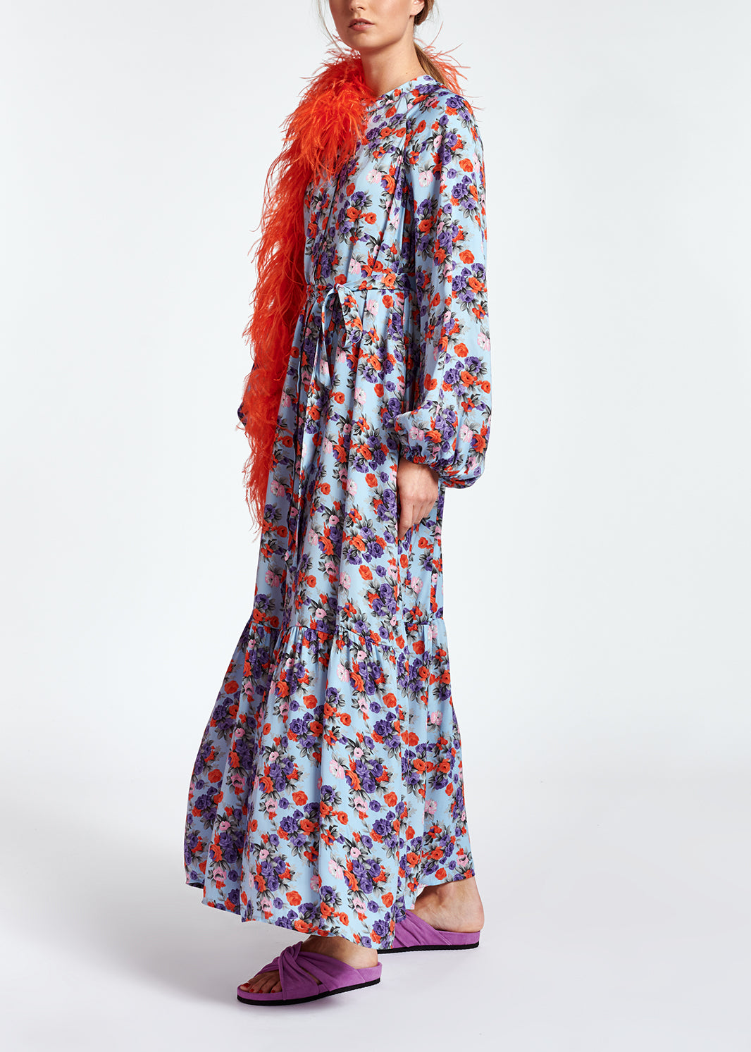 Light blue long-sleeved floral maxi dress RE—SSENTIEL | Essentiel second hand