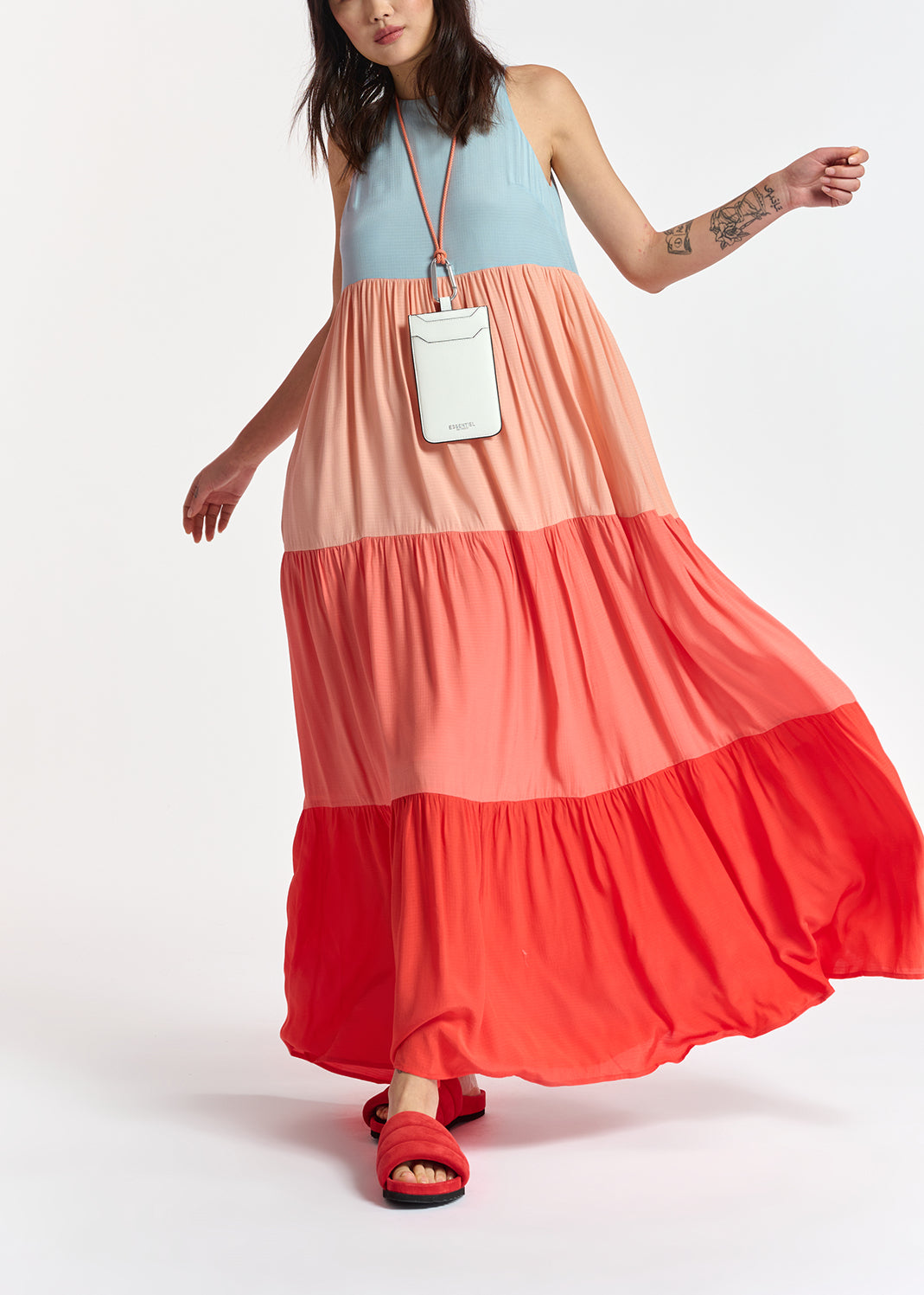 Light blue, orange and red color-blocking effect maxi dress RE—SSENTIEL | Essentiel second hand