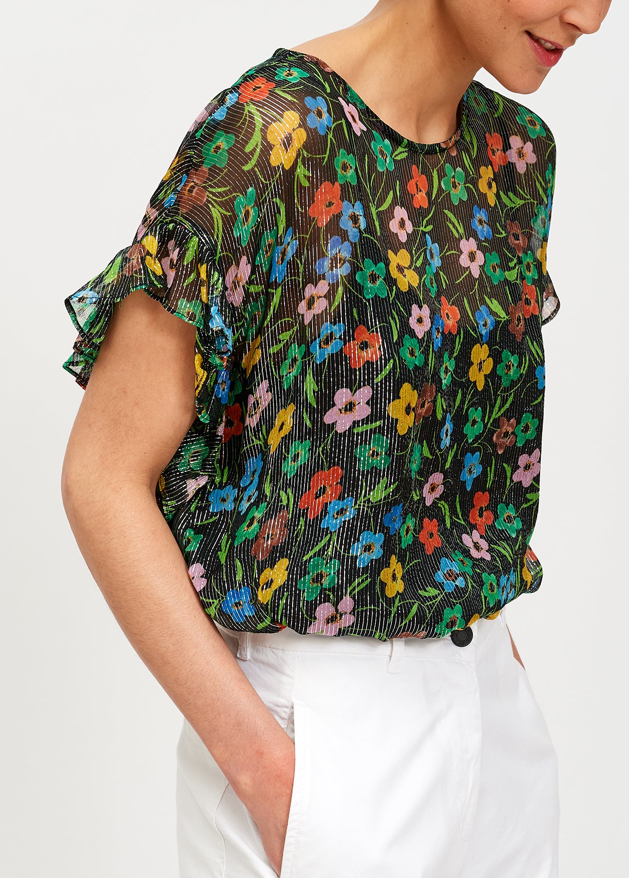 Black floral print top with ruffled sleeves RE—SSENTIEL | Essentiel second hand