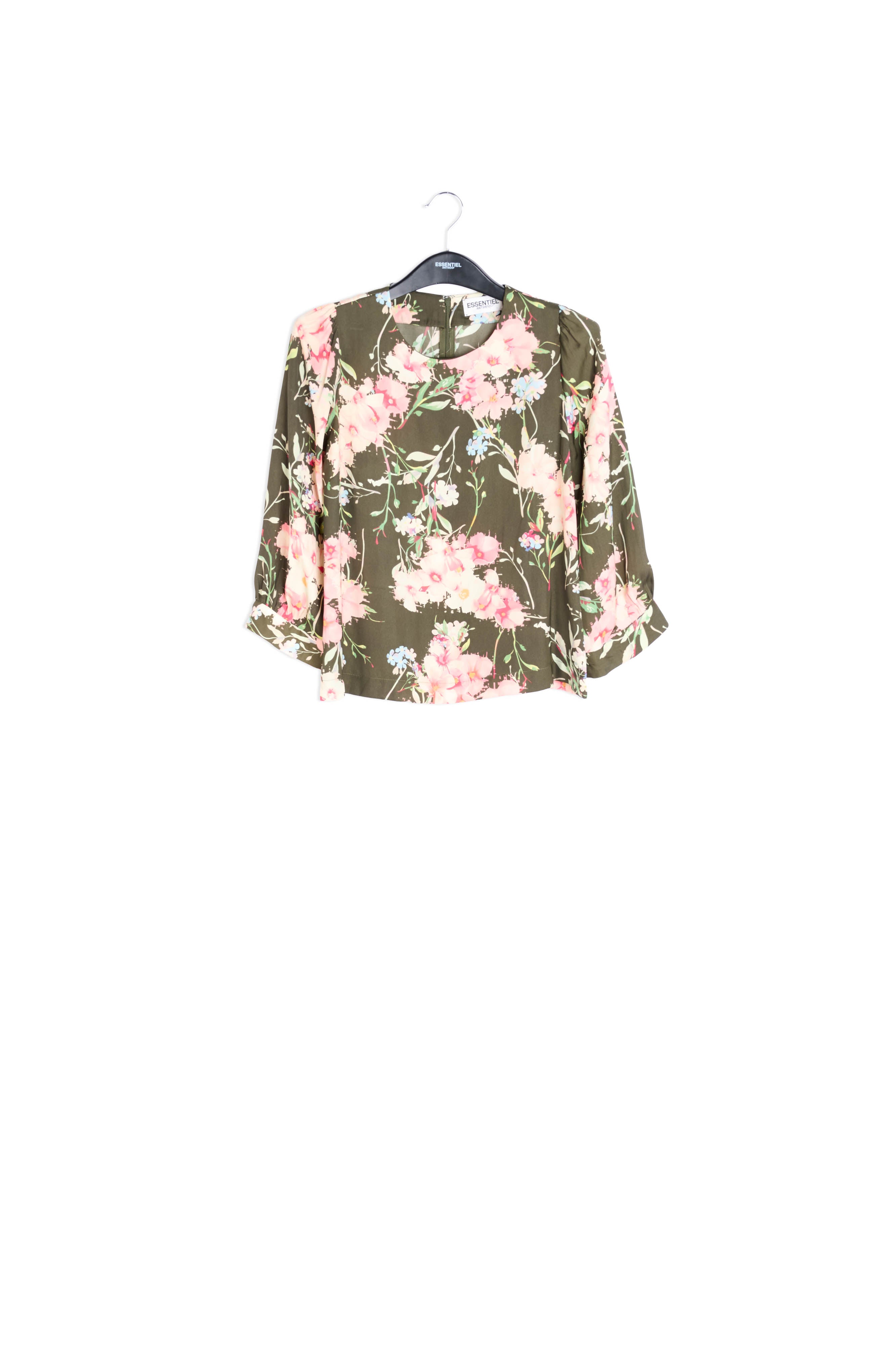 Khaki floral top with puff sleeves RE—SSENTIEL | Essentiel second hand