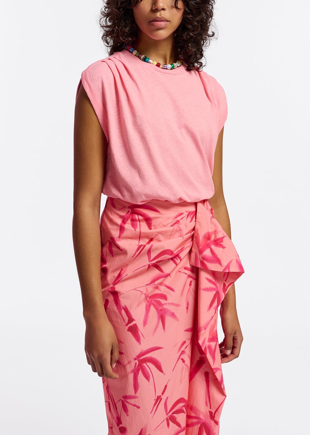 Peach cotton draped midi skirt with palm leaf print RE—SSENTIEL | Essentiel second hand