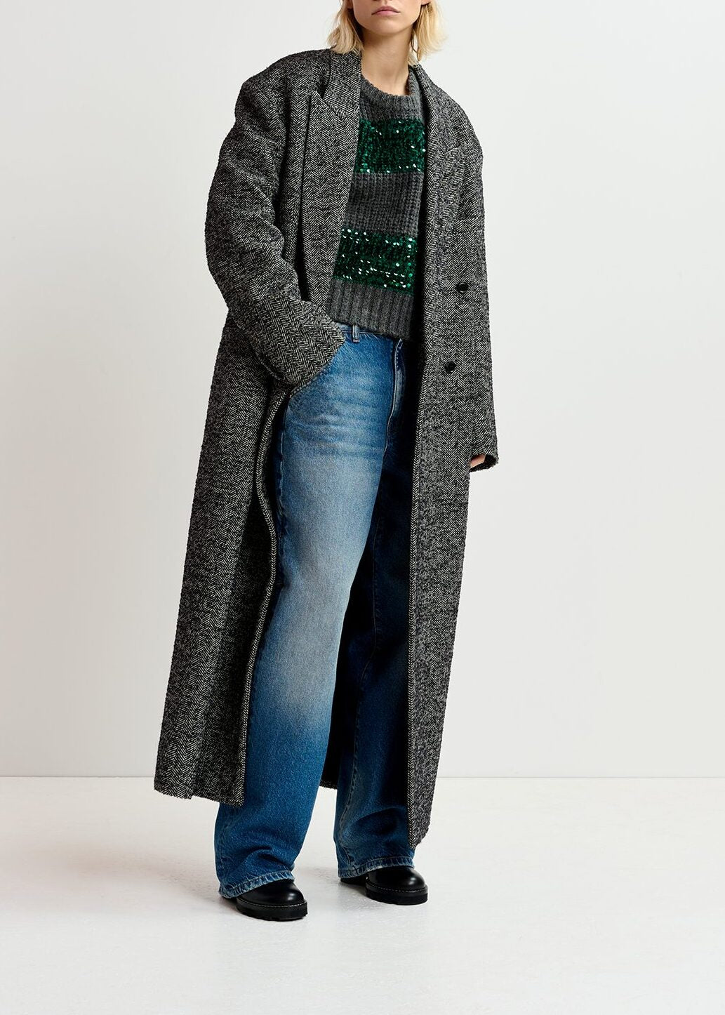 Dark grey and dark green knit sweater with sequin-embellished stripes RE—SSENTIEL | Essentiel second hand