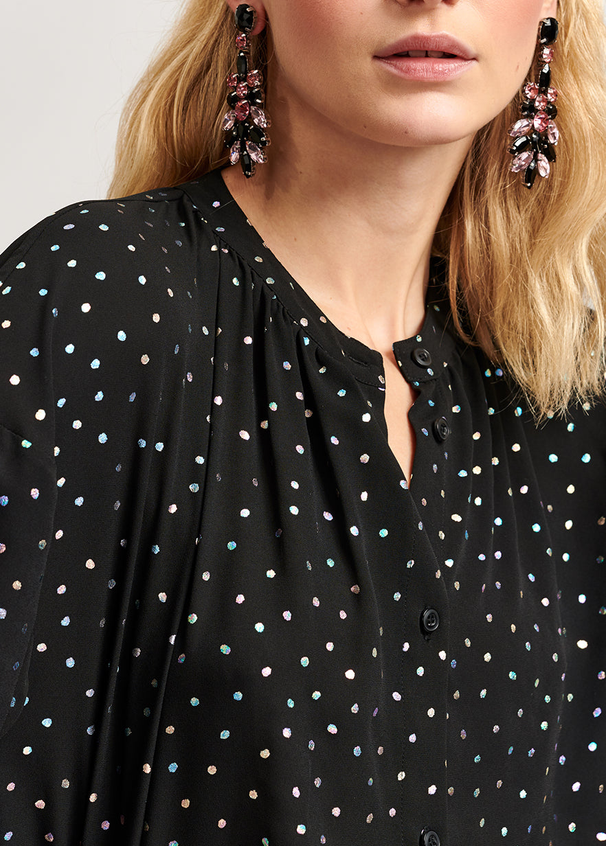 Blouse noire boutonnée à pois holographiques RE—SSENTIEL | Essentiel second hand