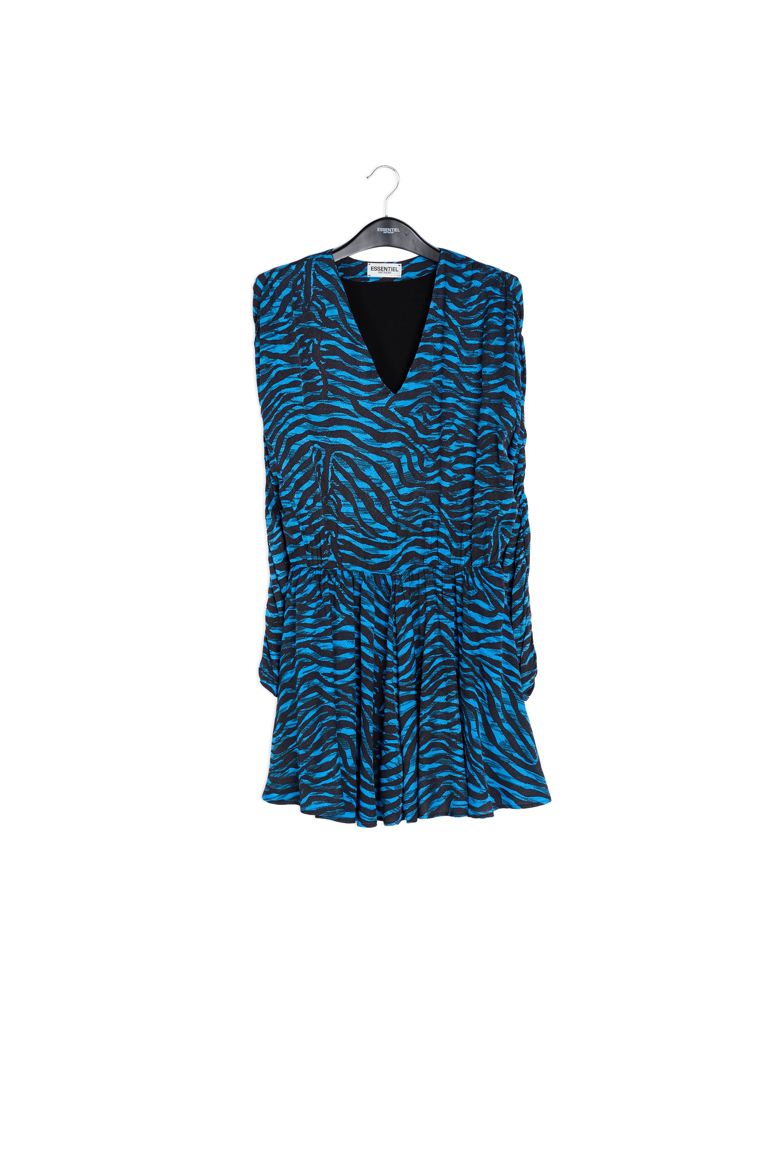 Volumineuze mini-jurk met blauwe en groene zebraprint RE—SSENTIEL | Essentiel second hand