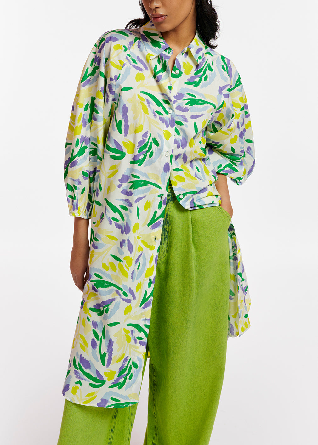 White, yellow and purple knee-length shirt dress with floral print RE—SSENTIEL | Essentiel second hand