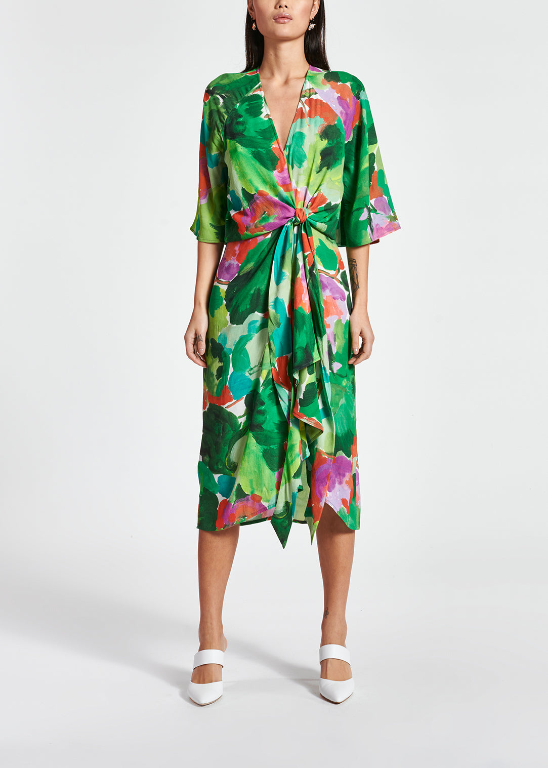 Green, lilac and orange watercolor-print midi dress RE—SSENTIEL | Essentiel second hand