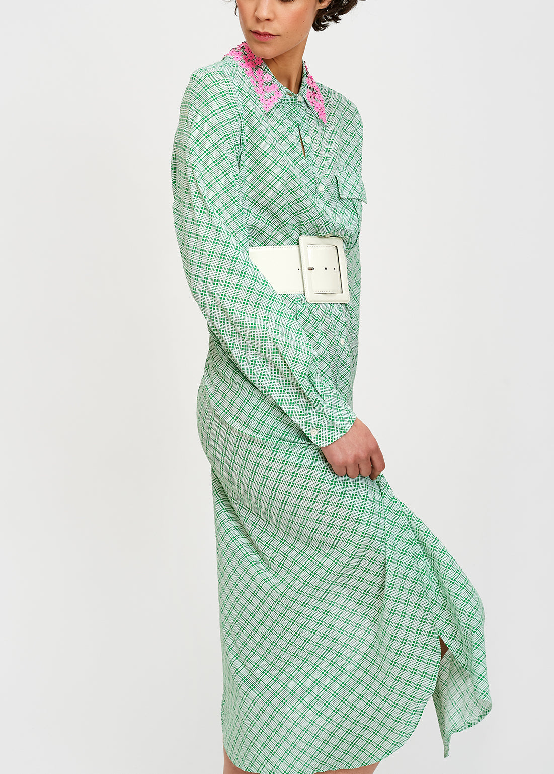 Green and white large check shirt dress with sequined collar RE—SSENTIEL | Essentiel second hand