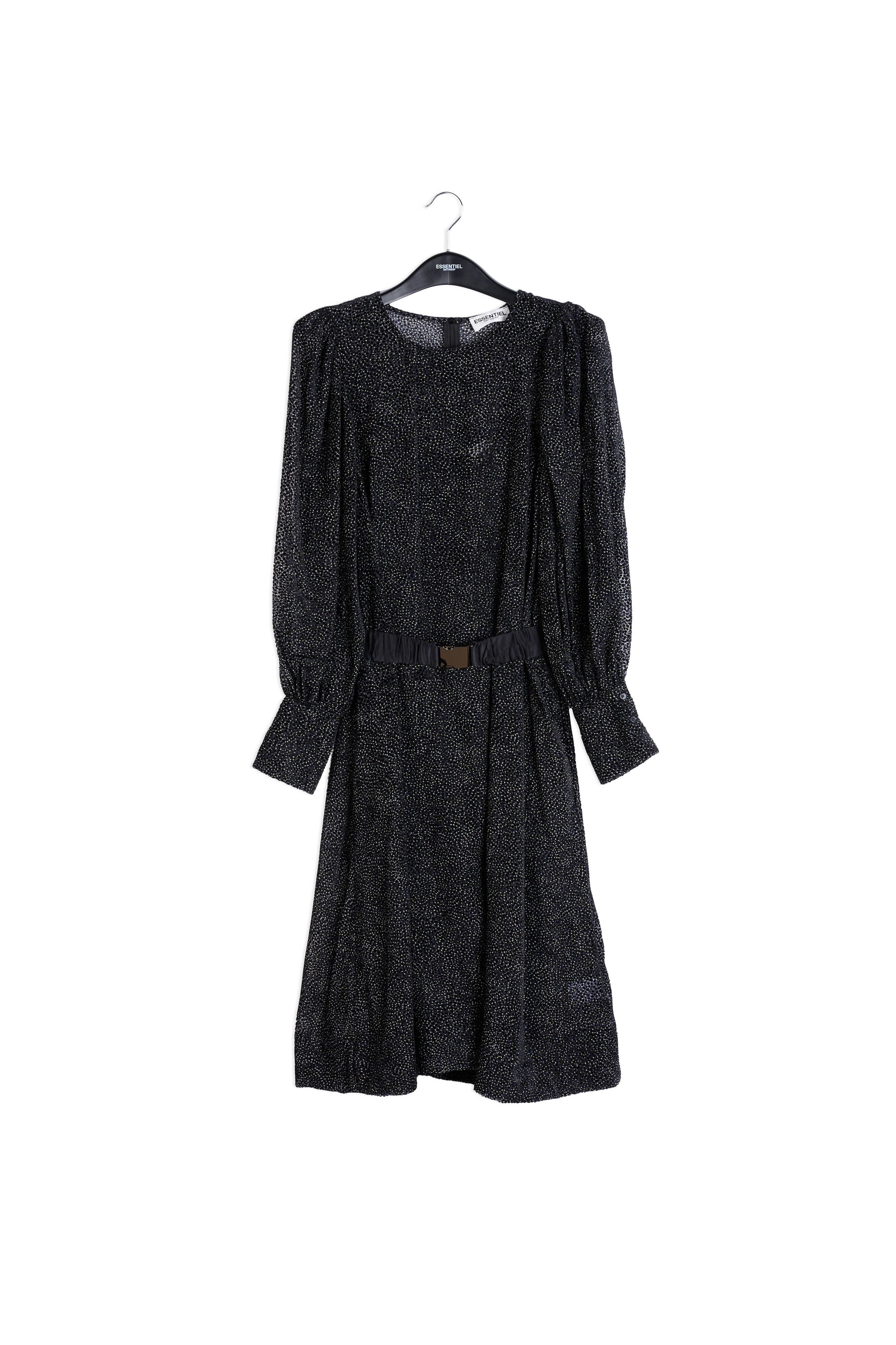 Lange zwarte A-lijn jurk met spikkels RE—SSENTIEL | Essentiel second hand