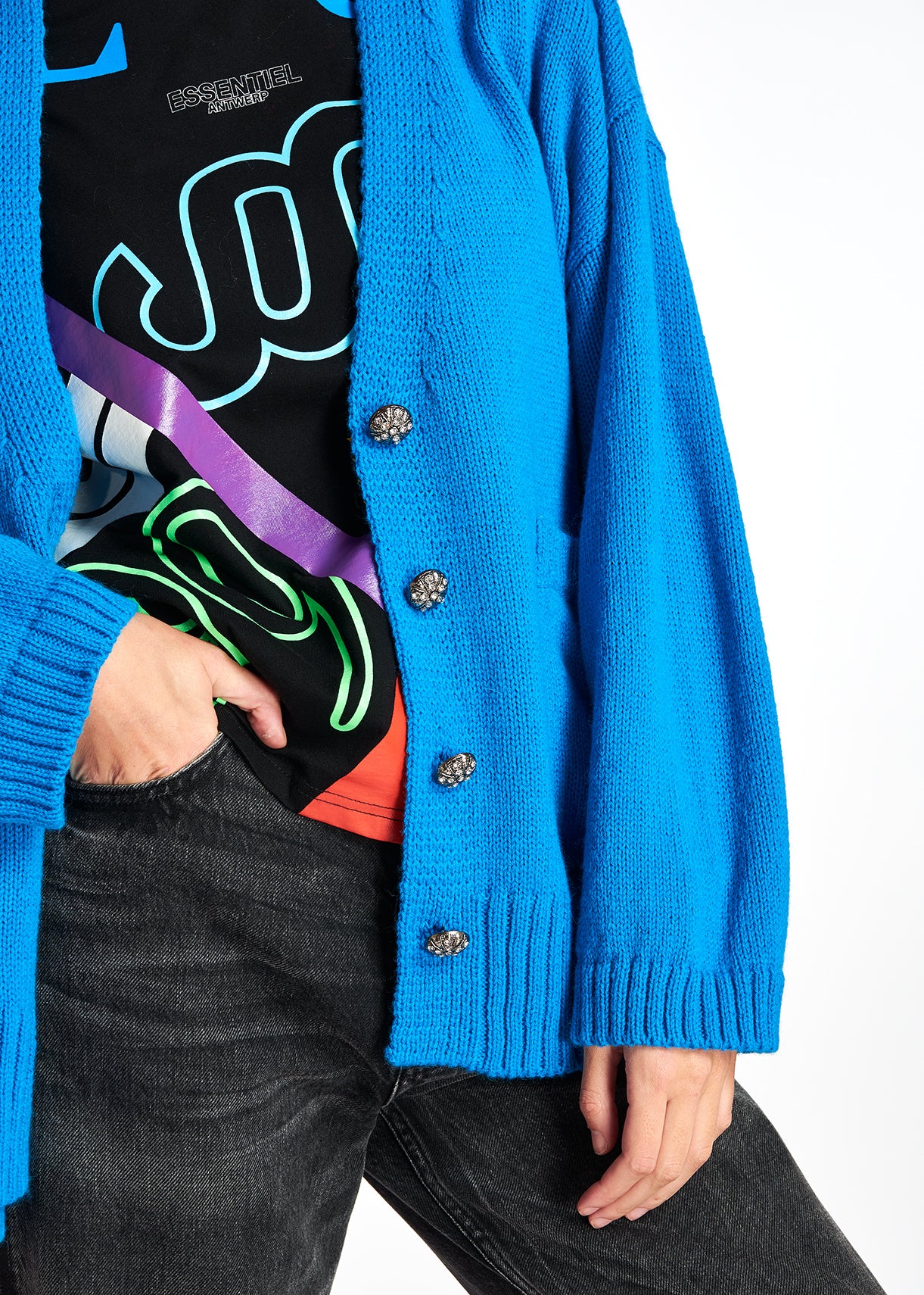 Blue oversized cardigan with rhinestone buttons RE—SSENTIEL | Essentiel second hand