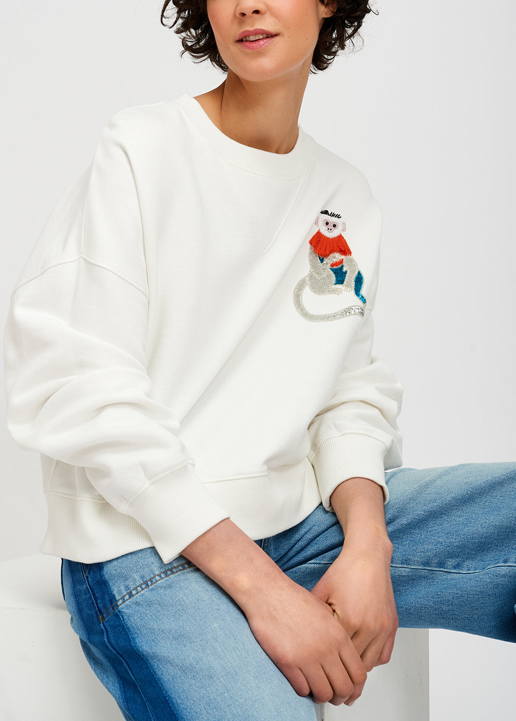 Embroidered off-white cotton-jersey sweatshirt RE—SSENTIEL | Essentiel second hand