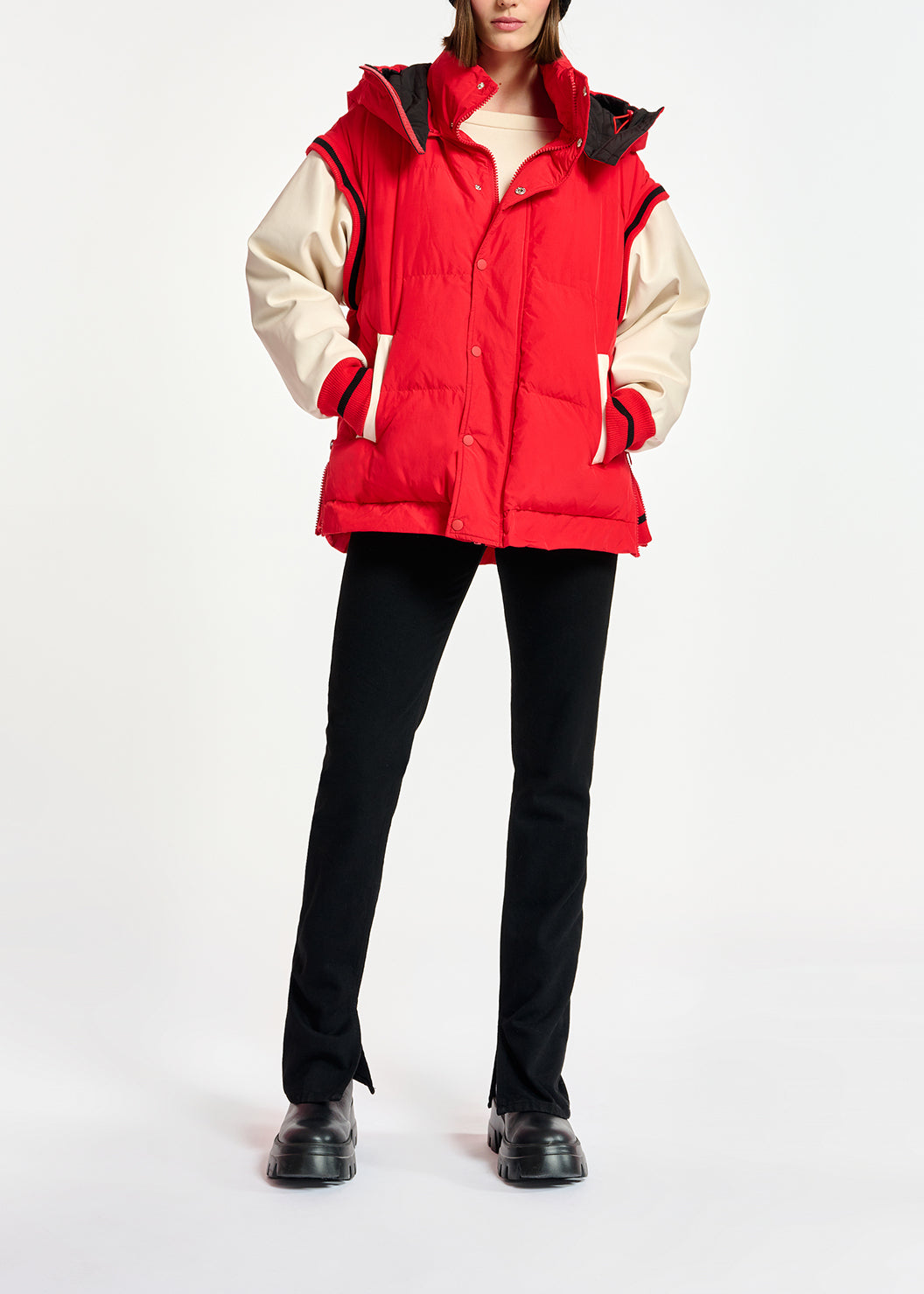 Red hooded puffer vest with faux leather sleeves RE—SSENTIEL | Essentiel second hand