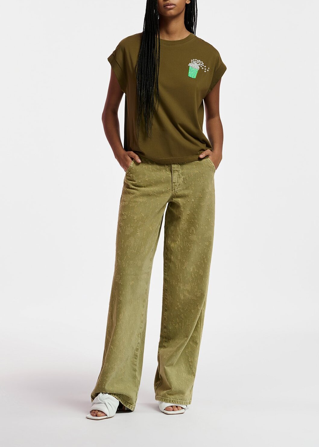 Khaki organic cotton T-shirt with popcorn embroidery RE—SSENTIEL | Essentiel second hand