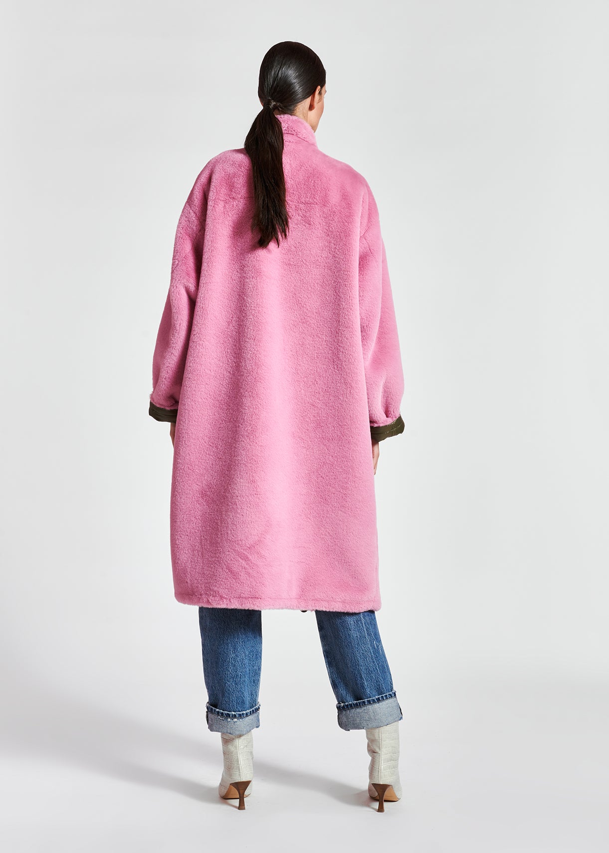 Khaki green and pink reversible faux fur coat RE—SSENTIEL | Essentiel second hand