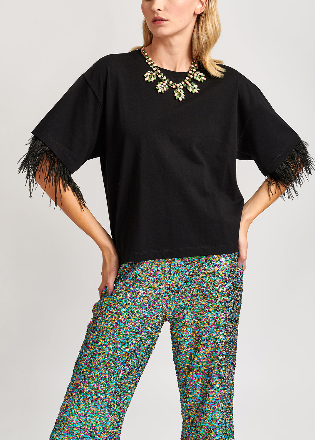 Black cotton-jersey t-shirt with feather trims RE—SSENTIEL | Essentiel second hand