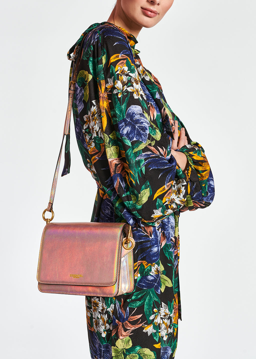 Black floral-print mini dress with pussy-bow RE—SSENTIEL | Essentiel second hand