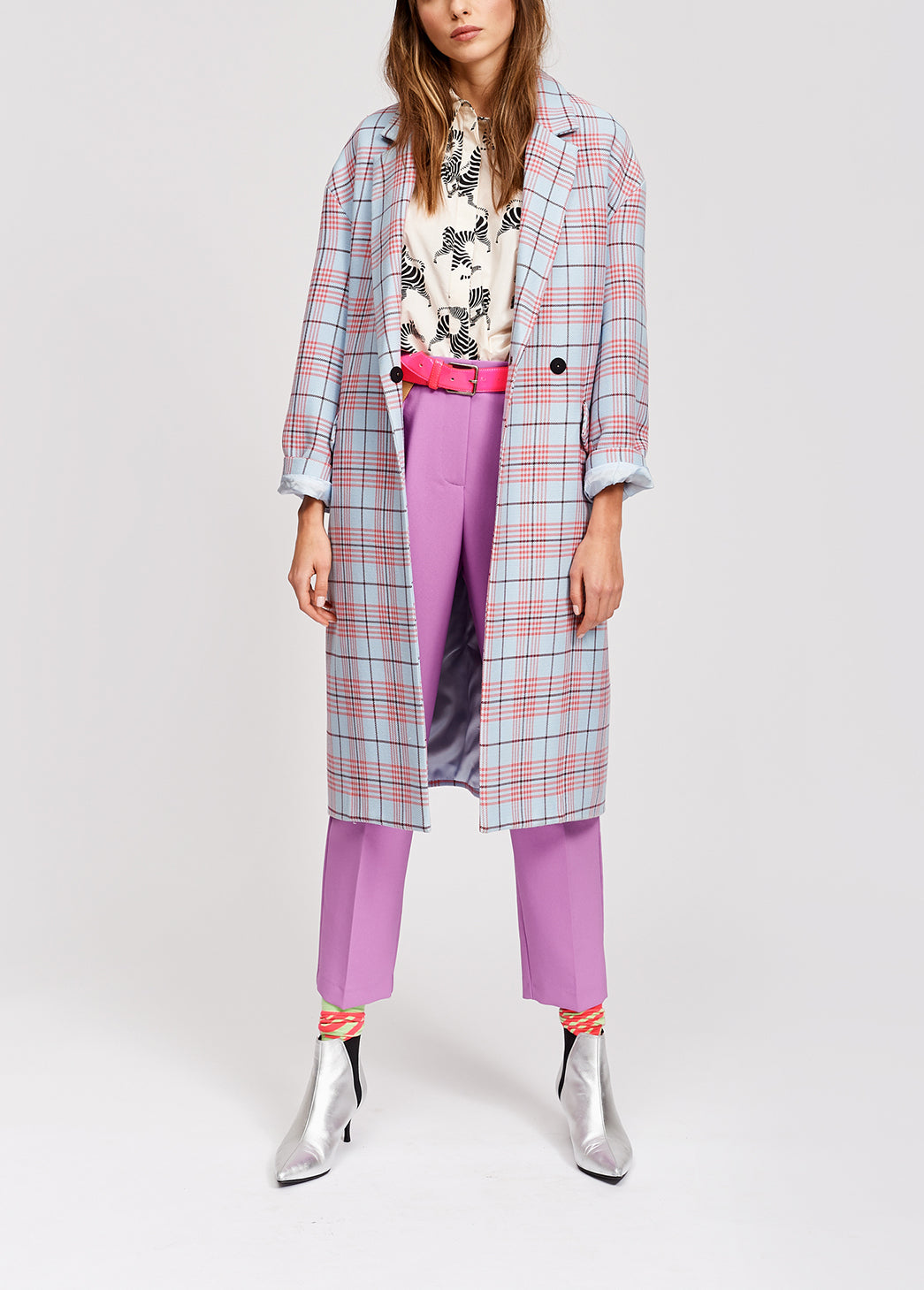 Sky blue plaid long coat RE—SSENTIEL | Essentiel second hand