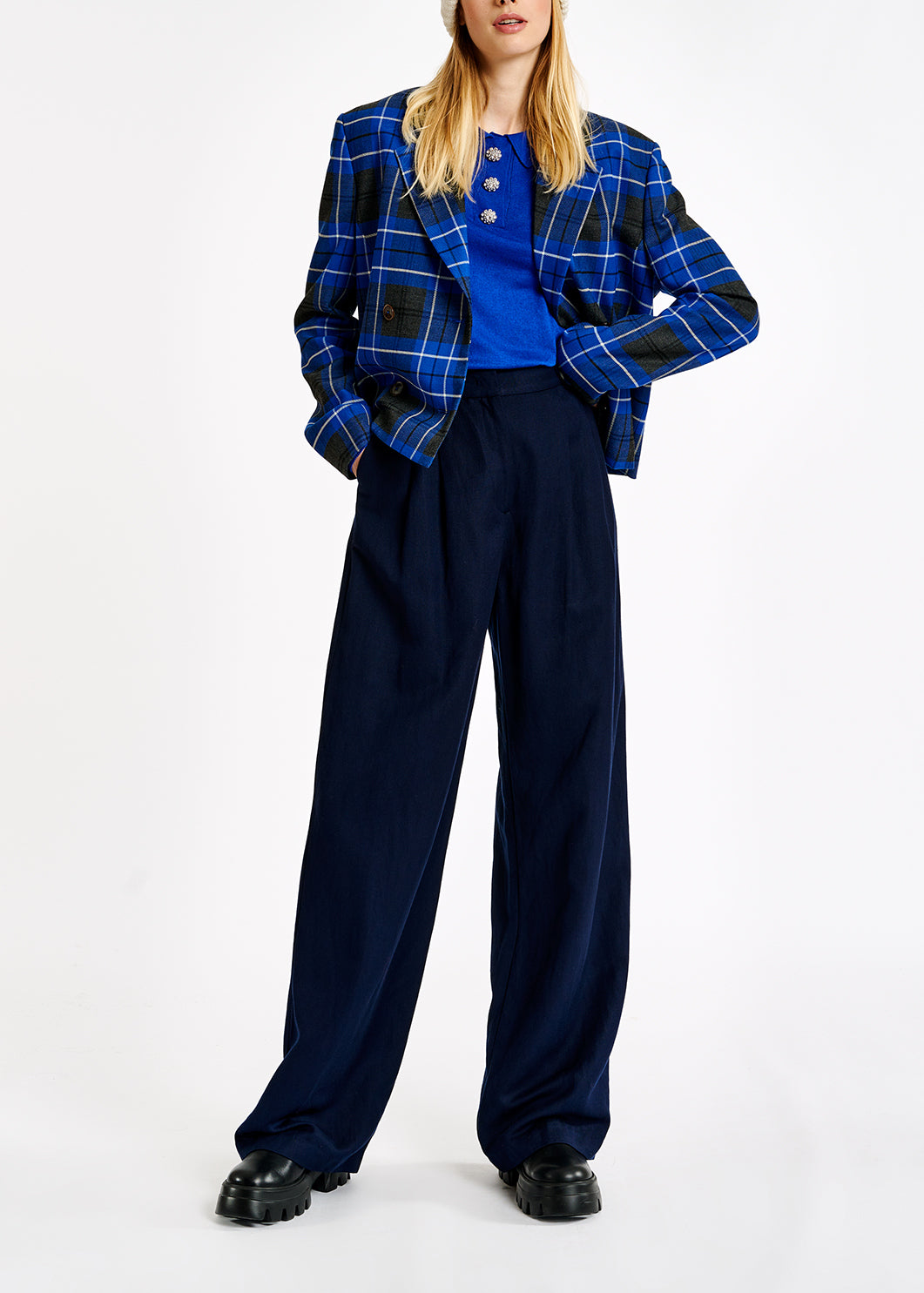 Blue check cropped-fit blazer RE—SSENTIEL | Essentiel second hand