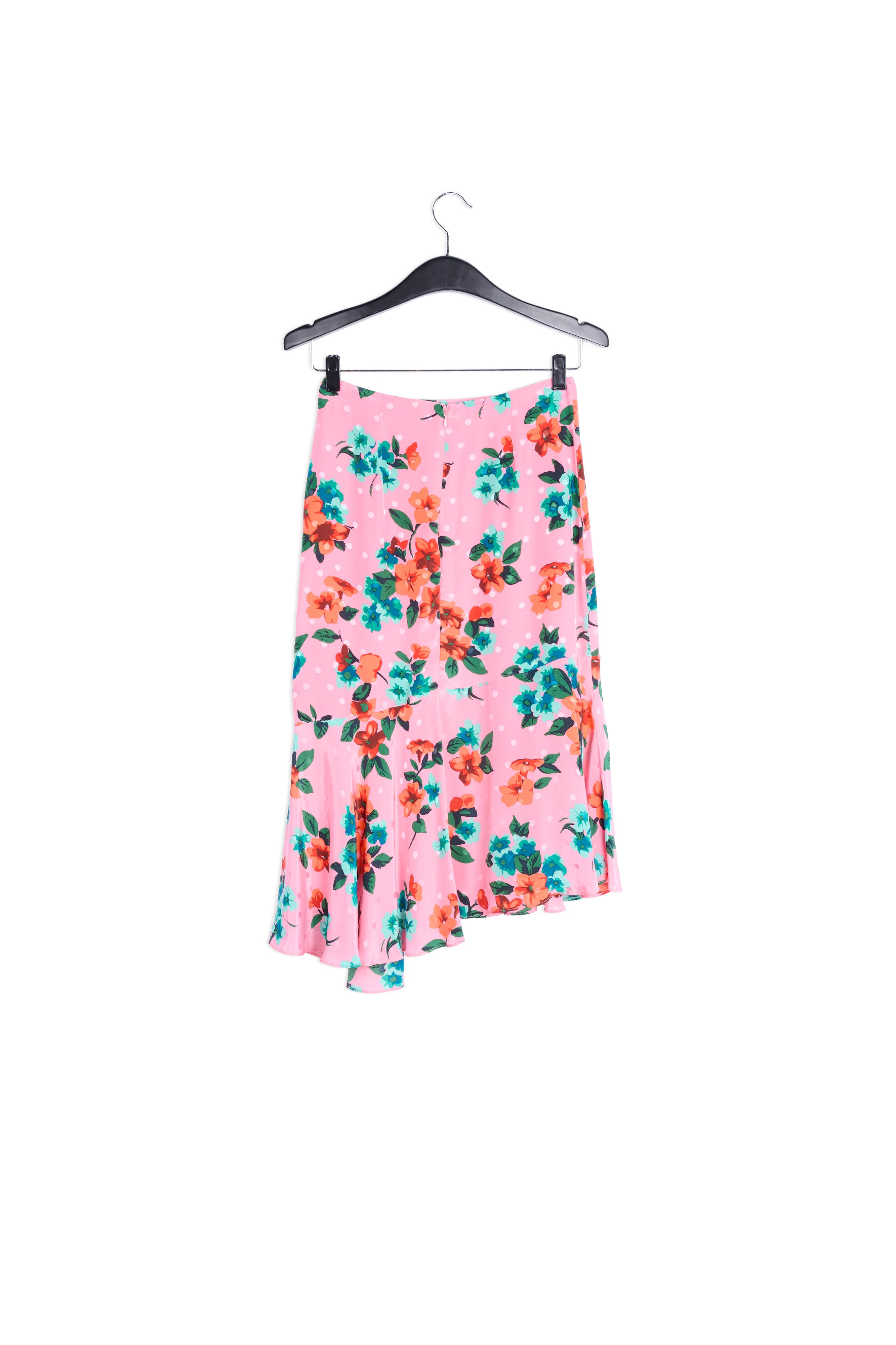 Roze zijden midirok met bloemen en stippen RE—SSENTIEL | Essentiel second hand